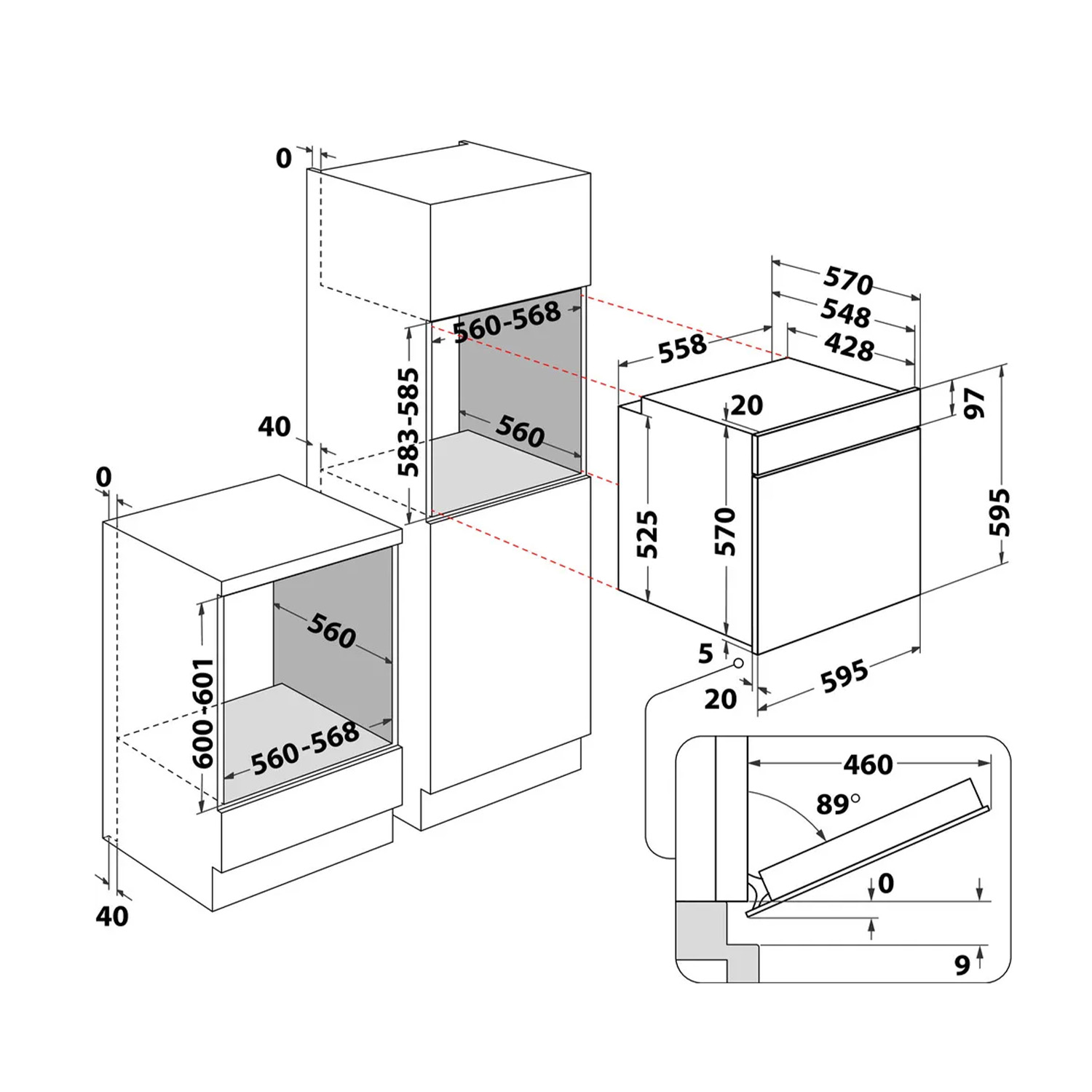 Diagramma di elettrodomestici da cucina a incasso con misure in millimetri. Include dimensioni di forno, microonde e armadietto.