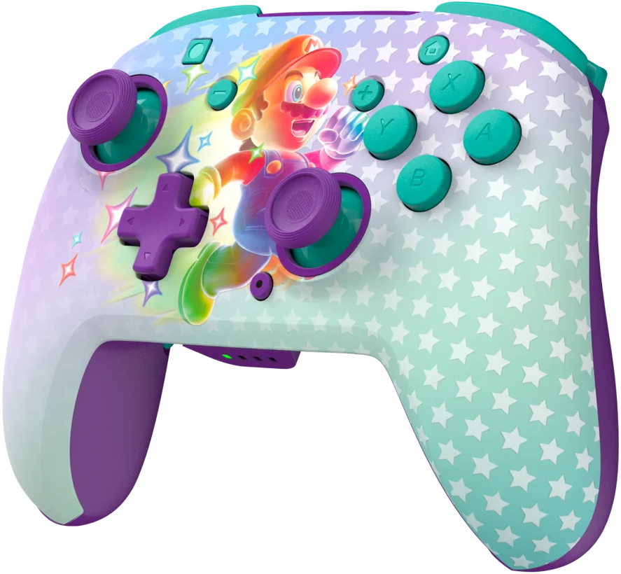 Un controller Pro Nintendo Switch con un design di Mario. Ha colori viola, verdi e bianchi e motivi a stella. Mario è al centro.