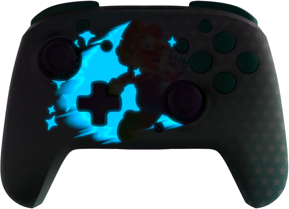 Un controller Nintendo Switch con Mario che salta. Effetti luminosi blu e stelle. Pulsanti verde acqua e motivo a stelle.