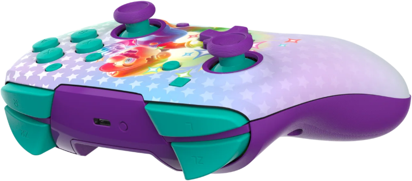 Un controller per videogiochi viola e verde acqua. Ha pulsanti e joystick ed è decorato con una grafica a cartoni animati e stelle.