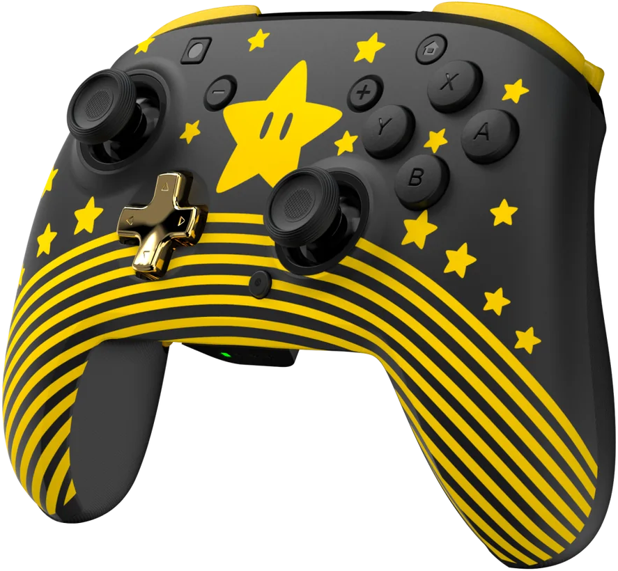 Controller Nintendo Switch nero e giallo. Presenta un design a stella, D-pad, pulsanti e joystick.