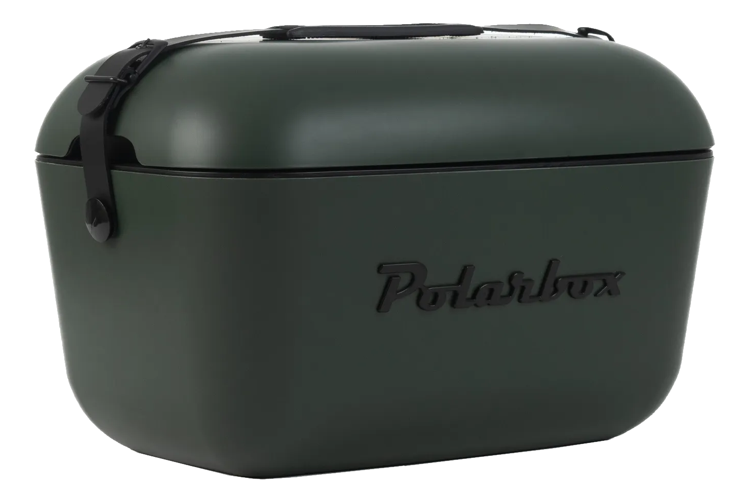 Glacière Polarbox vert foncé. Elle a une poignée et une sangle noires, et la marque est visible sur le côté.