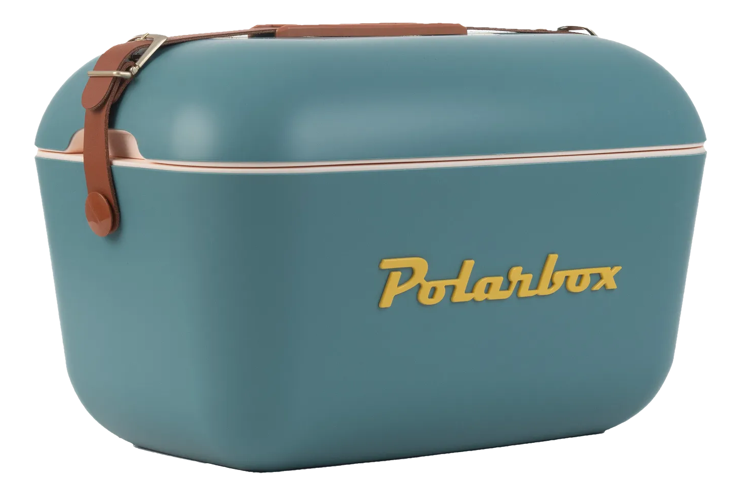 Une glacière Polarbox turquoise avec une poignée et une sangle en cuir marron. Le logo est jaune. Le fond est noir.
