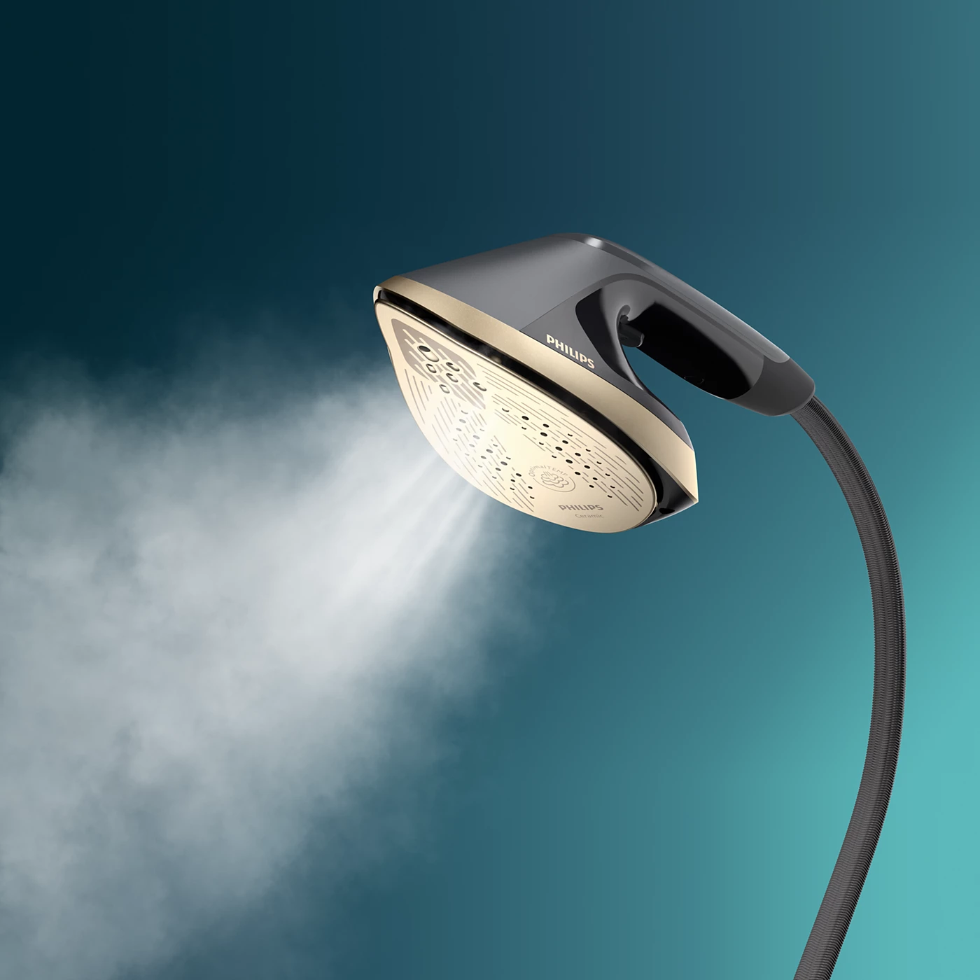 Ein Philips Dampfbügeleisen, das Dampf abgibt. Das Bügeleisen ist schwarz und goldfarben, mit einem gebogenen Griff und einem Kabel. Der Hintergrund ist türkis.