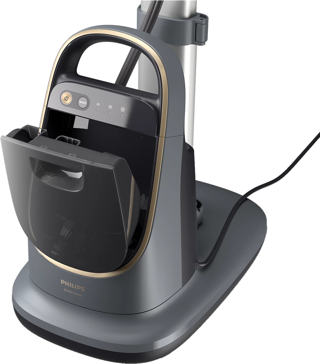 Ein grauer Philips 8500-Serien-Kleidungsdämpfer. Er hat einen Griff, ein Bedienfeld und einen abnehmbaren Wassertank.