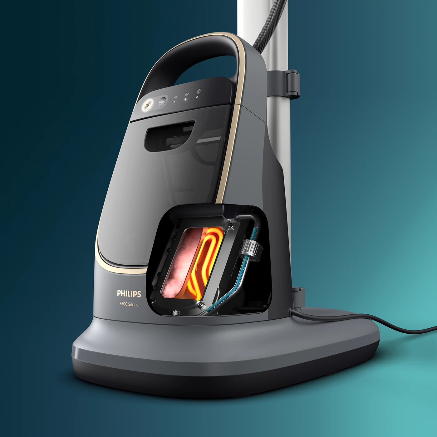 Ein Philips 8500 Series Dampfgarer. Das Gerät ist grau und schwarz, mit einem Ausschnitt, der das interne Heizelement zeigt.