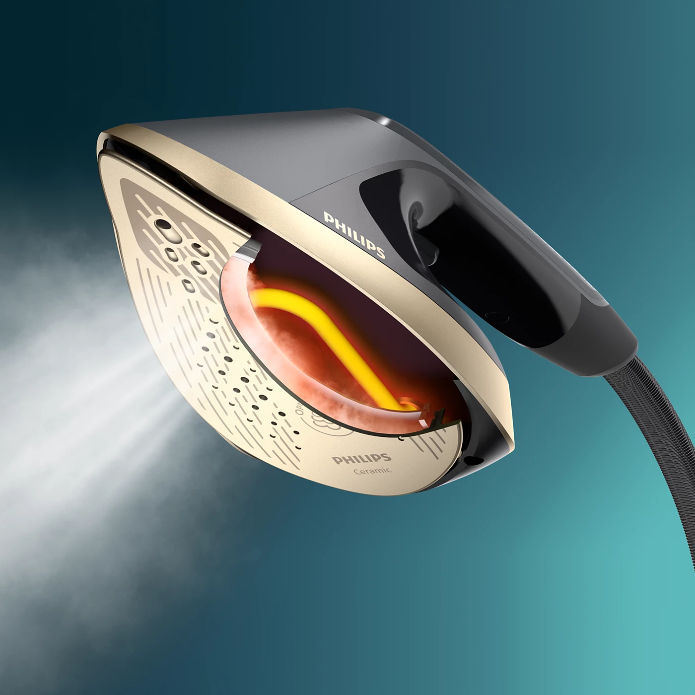 Philips Bügeleisen, gold und schwarz, mit Dampf. Querschnitt zeigt Heizelement. Dampf tritt aus dem Bügeleisen aus. Der Hintergrund ist türkis.