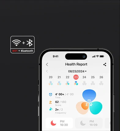 Smartfon wyświetla raport zdrowotny. Obecne są ikony Wi-Fi i Bluetooth. Ekran pokazuje wizualizacje danych i kalendarz.