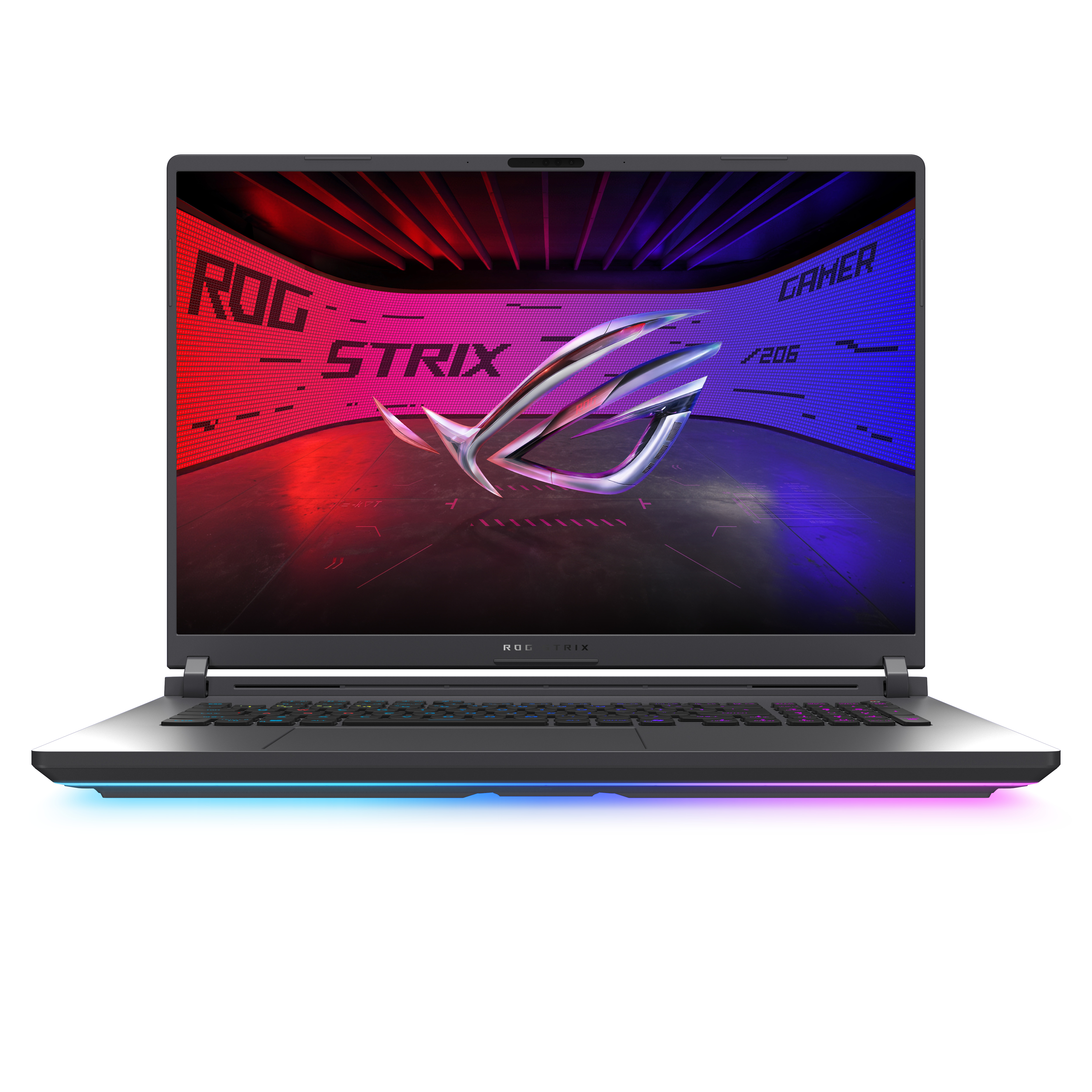 RGB aydınlatmalı dizüstü bilgisayar. Ekran ROG Strix logosunu gösterir. Kırmızı ve mavi arka plan. Klavye görünür. Beyaz arka plan.