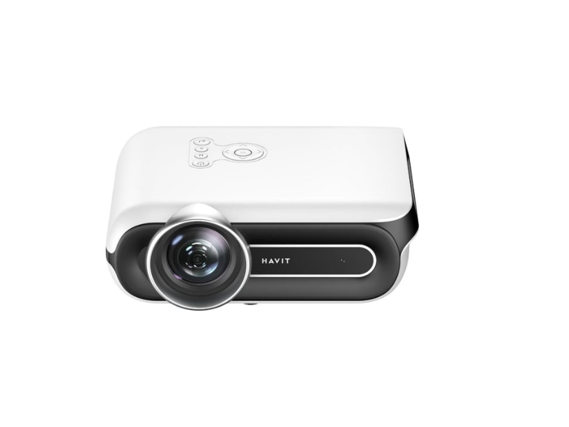 Beyaz arka plan üzerinde beyaz ve siyah bir HAVIT projektör. Lens önde, kontroller üstte.