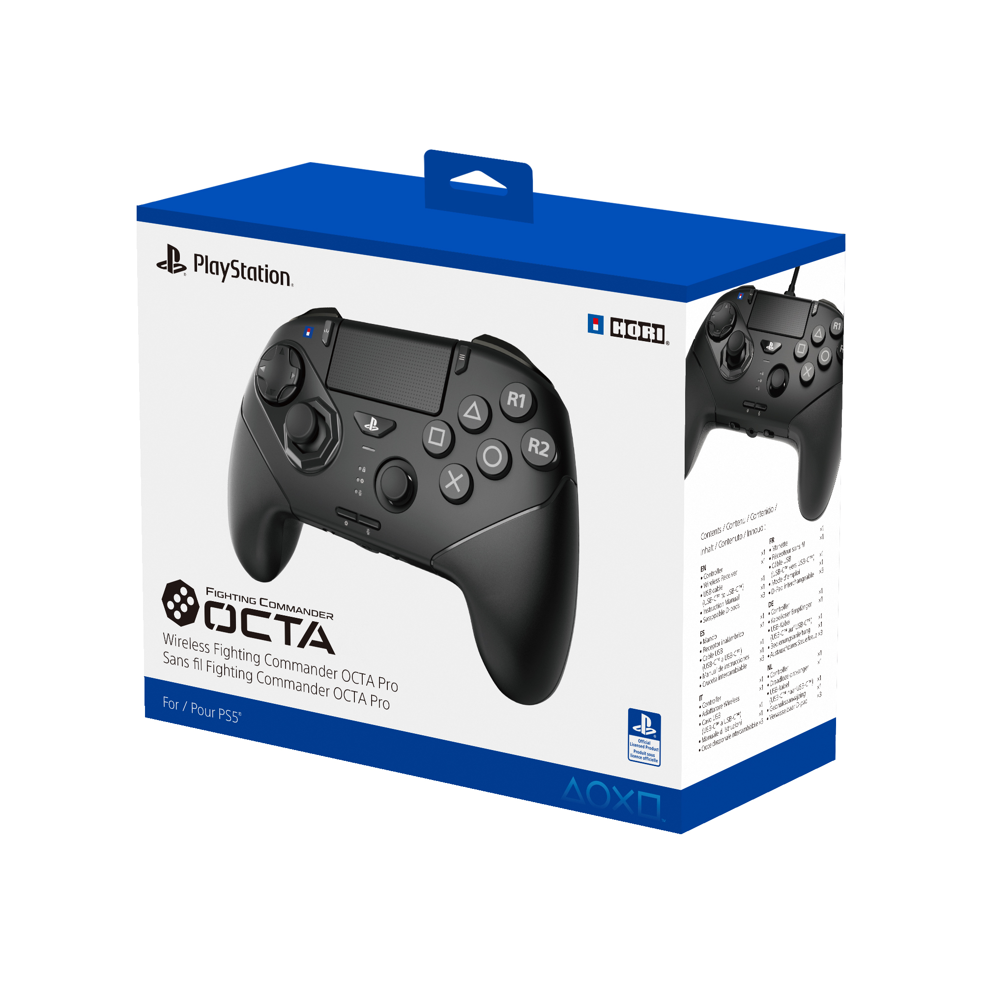 Siyah bir PlayStation kontrolcüsü kutusunda. Kutu beyaz ve mavidir, PlayStation logosu ve ürün detayları ile.