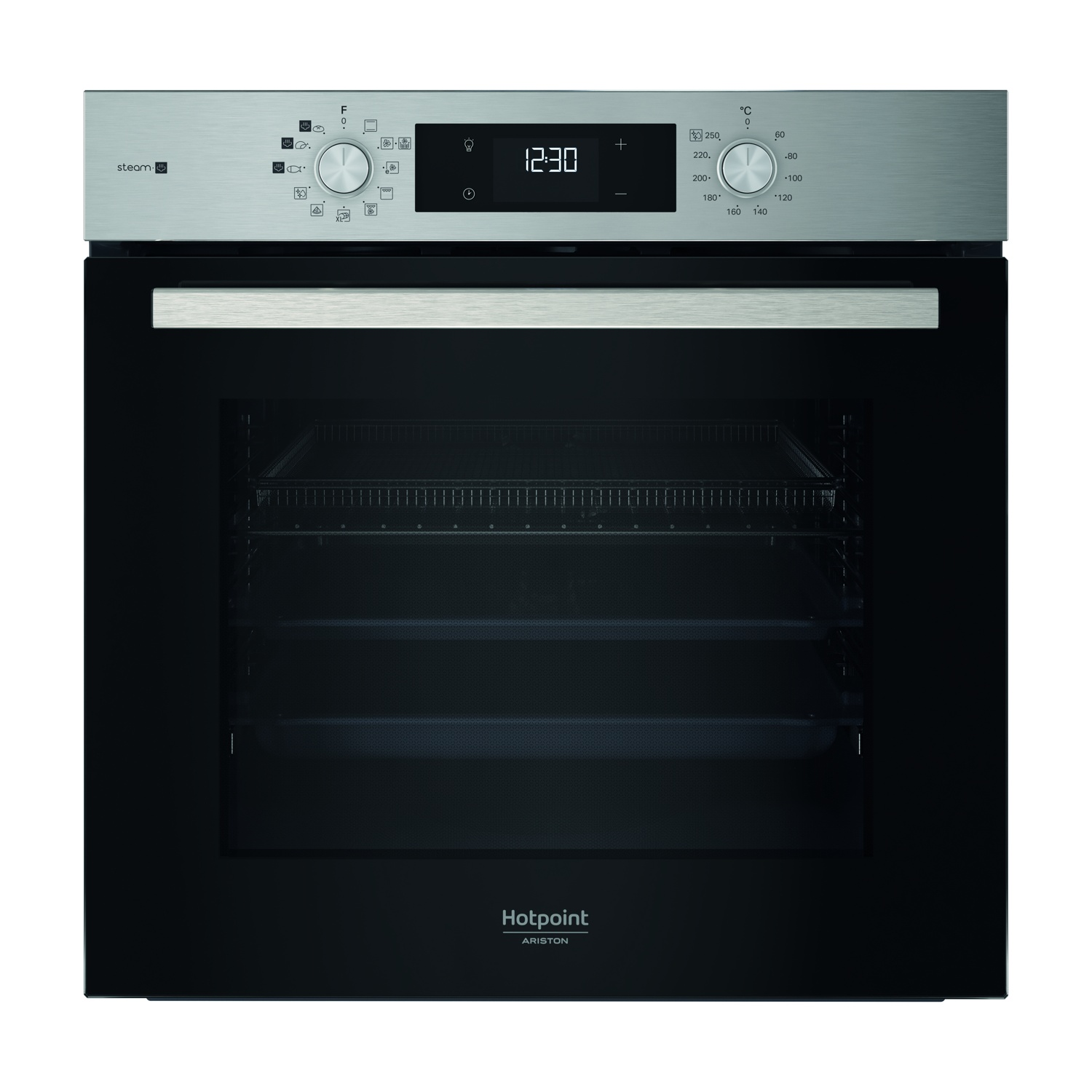 Un forno a incasso in acciaio inossidabile con orologio digitale, manopole e logo Hotpoint Ariston.