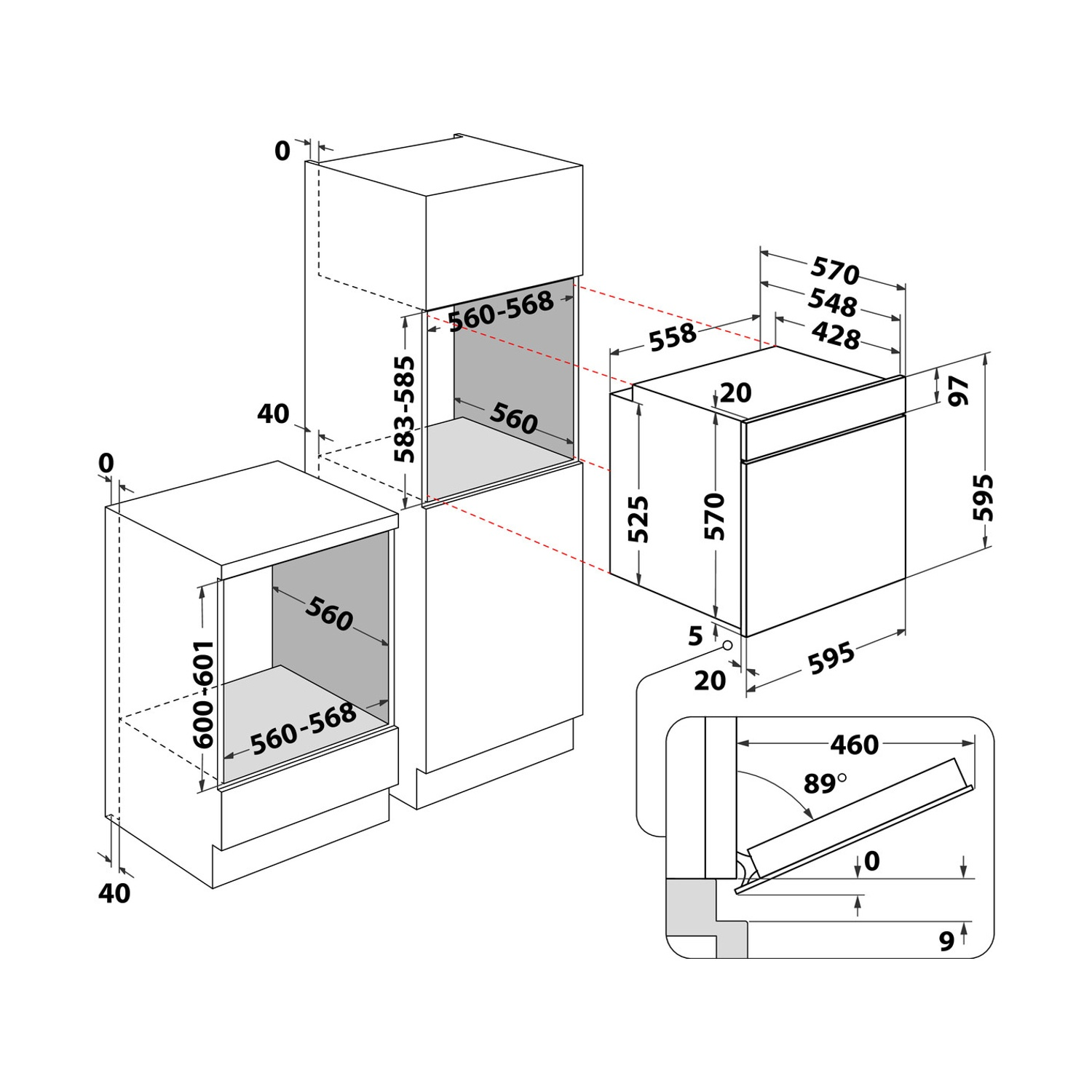 Schema di un elettrodomestico con dimensioni in millimetri. Mostra un forno a incasso e un microonde, con misure dettagliate.