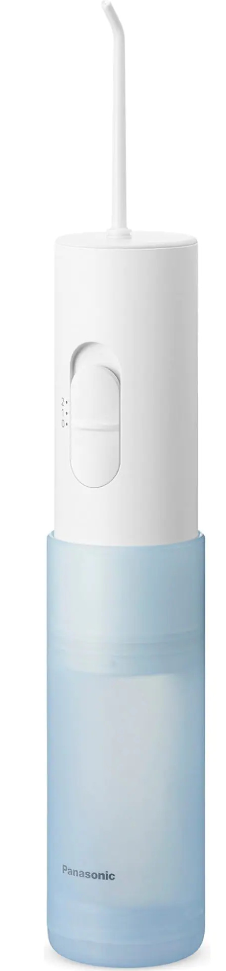 Biały i jasnoniebieski irygator Panasonic. Posiada dyszę, pokrętło i zbiornik na wodę.