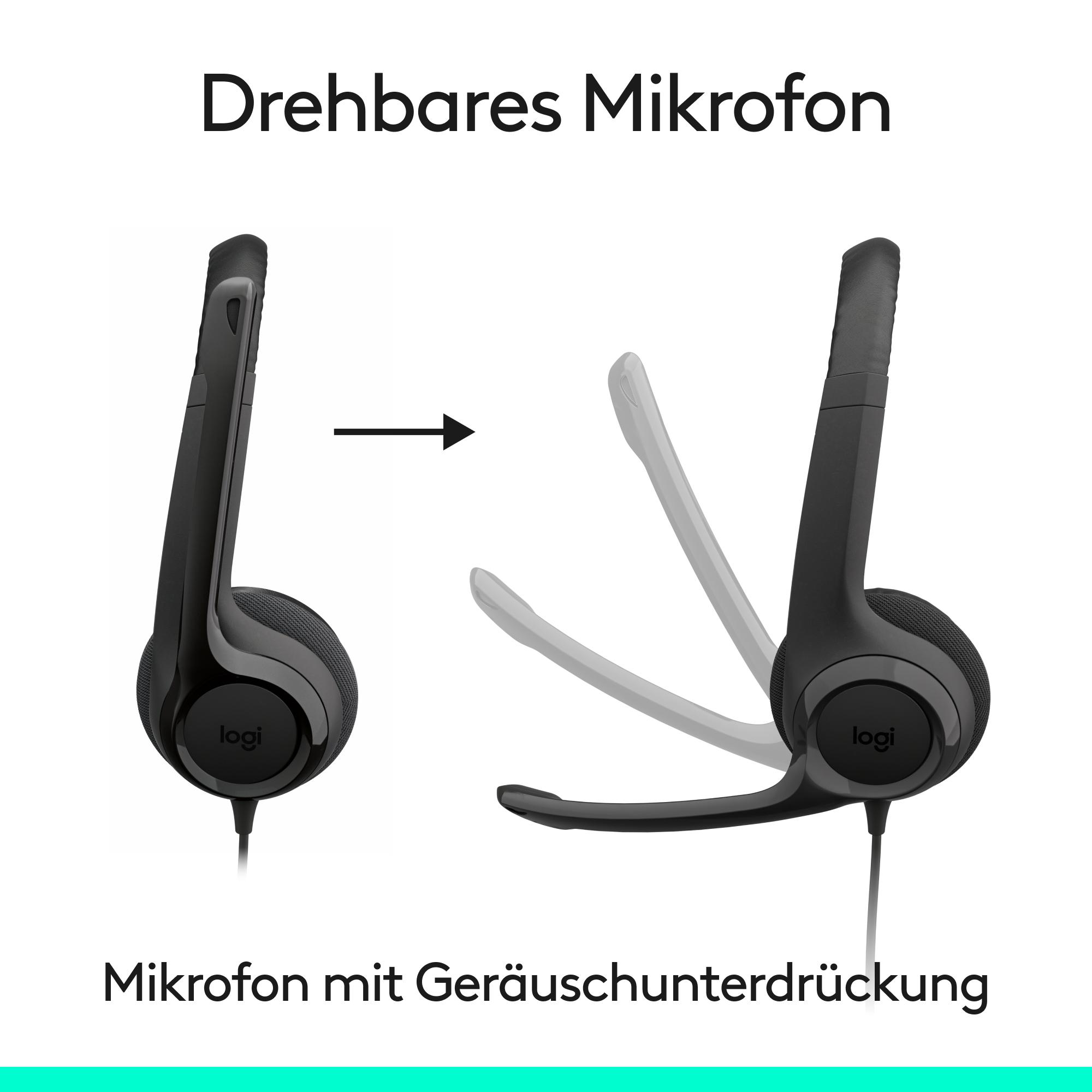 Das Bild zeigt ein schwarzes Logitech-Headset mit drehbarem Mikrofon, das seine Bewegung demonstriert. Text auf Deutsch wird angezeigt.