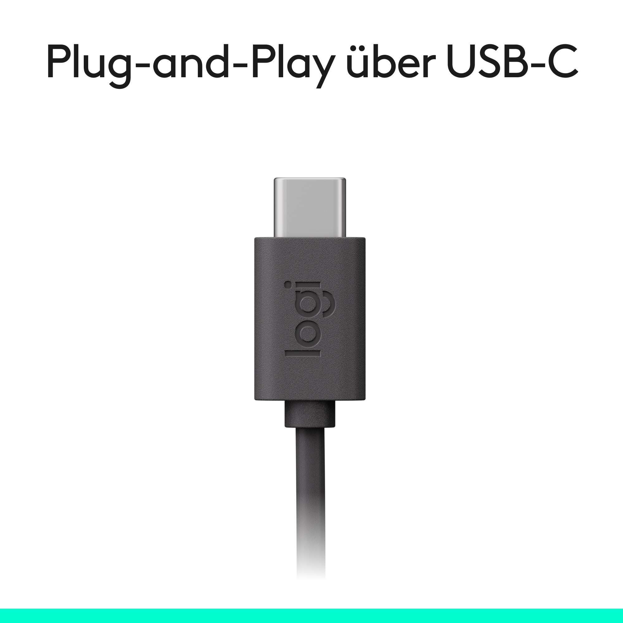 Ein schwarzes USB-C-Kabel mit Logitech-Logo, darüber steht 'Plug-and-Play über USB-C'.