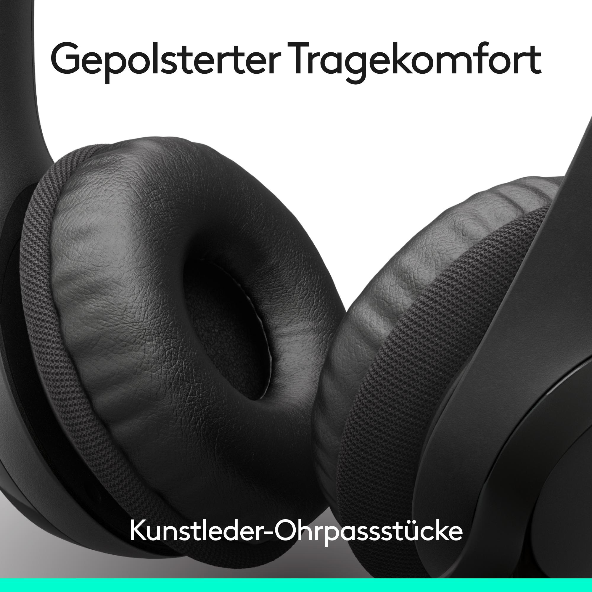 Nahaufnahme von schwarzen Kopfhörern. Die Ohrmuscheln sind aus Leder mit Mesh-Gewebe, der Bügel ist sichtbar.
