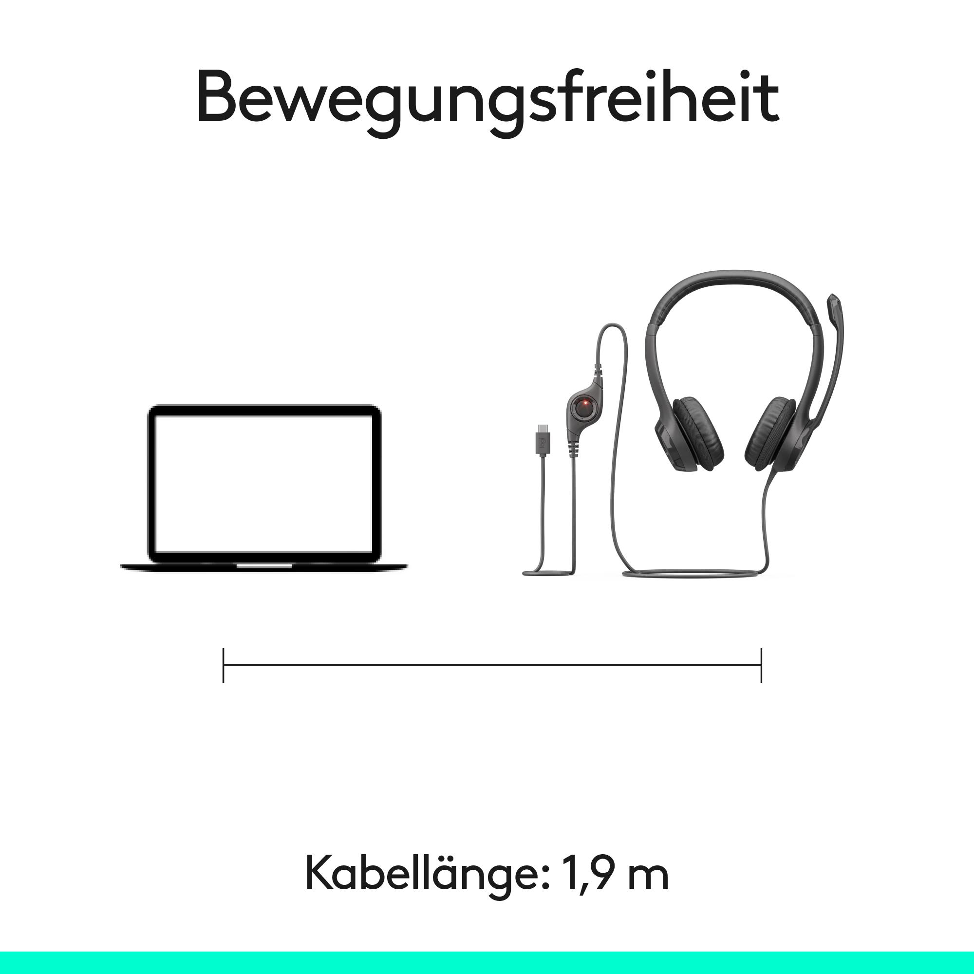 Das Bild zeigt einen Laptop, ein Headset mit Mikrofon und ein Kabel. Text: Bewegungsfreiheit. Kabellänge: 1,9 m.