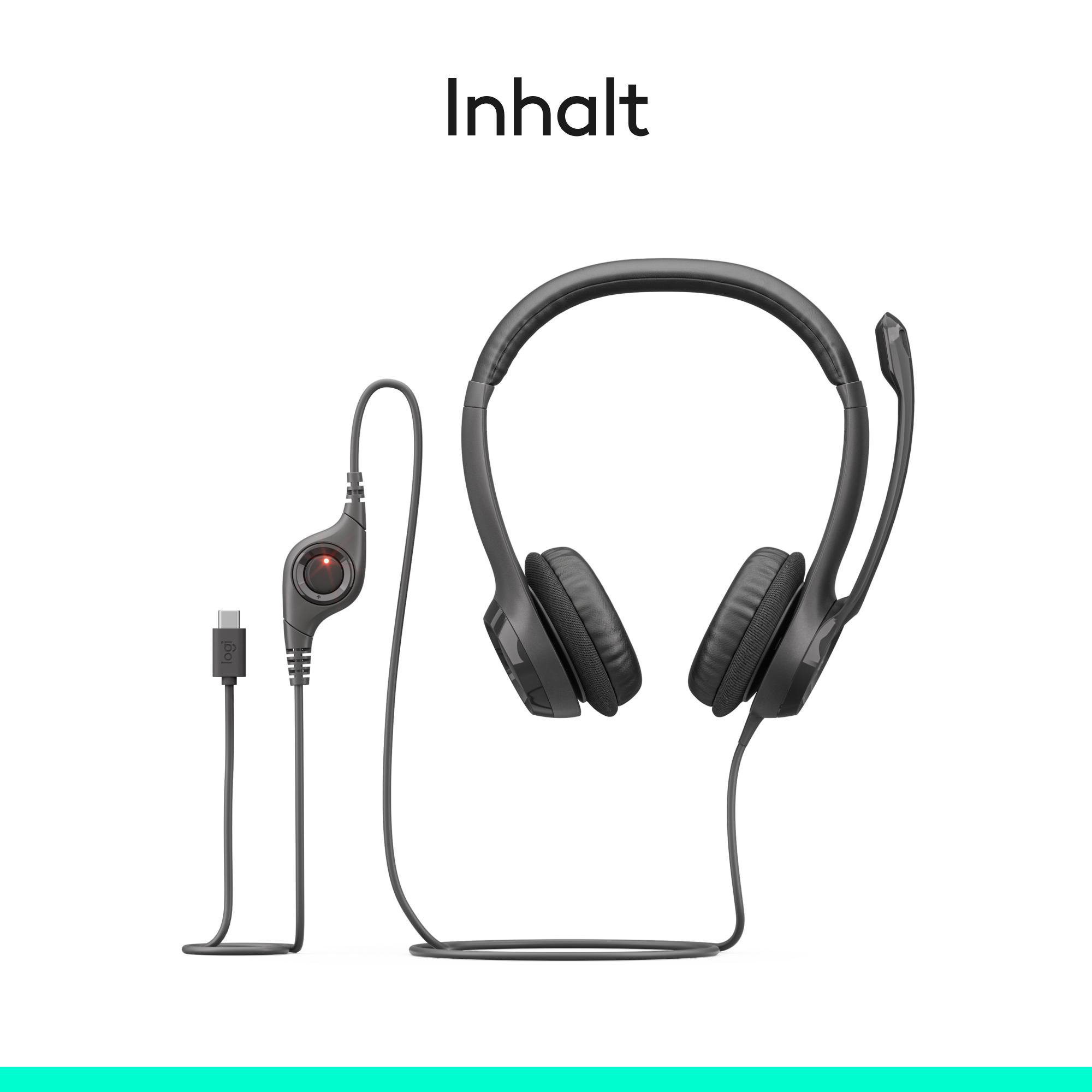 Ein schwarzes Headset mit Mikrofon, Steuereinheit und USB-C-Kabel vor weißem Hintergrund. Oben steht das Wort 'Inhalt'.