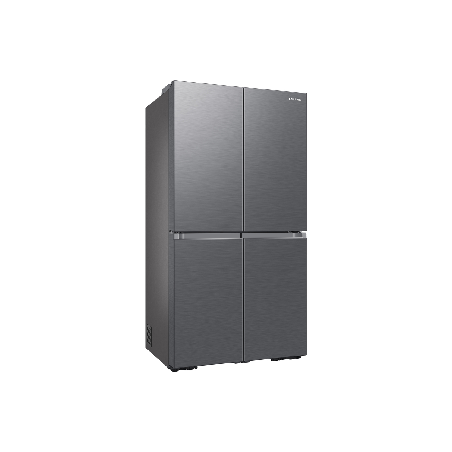 A dark gray Samsung refrigerator with four doors is on a white background. The Samsung logo is visible on the upper right door.