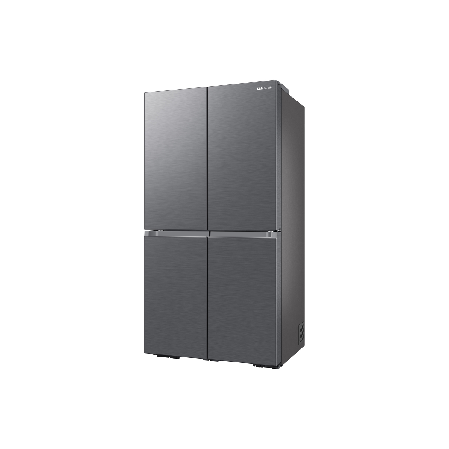 A gray Samsung refrigerator stands on a white background. It has four doors and a brushed metal finish.