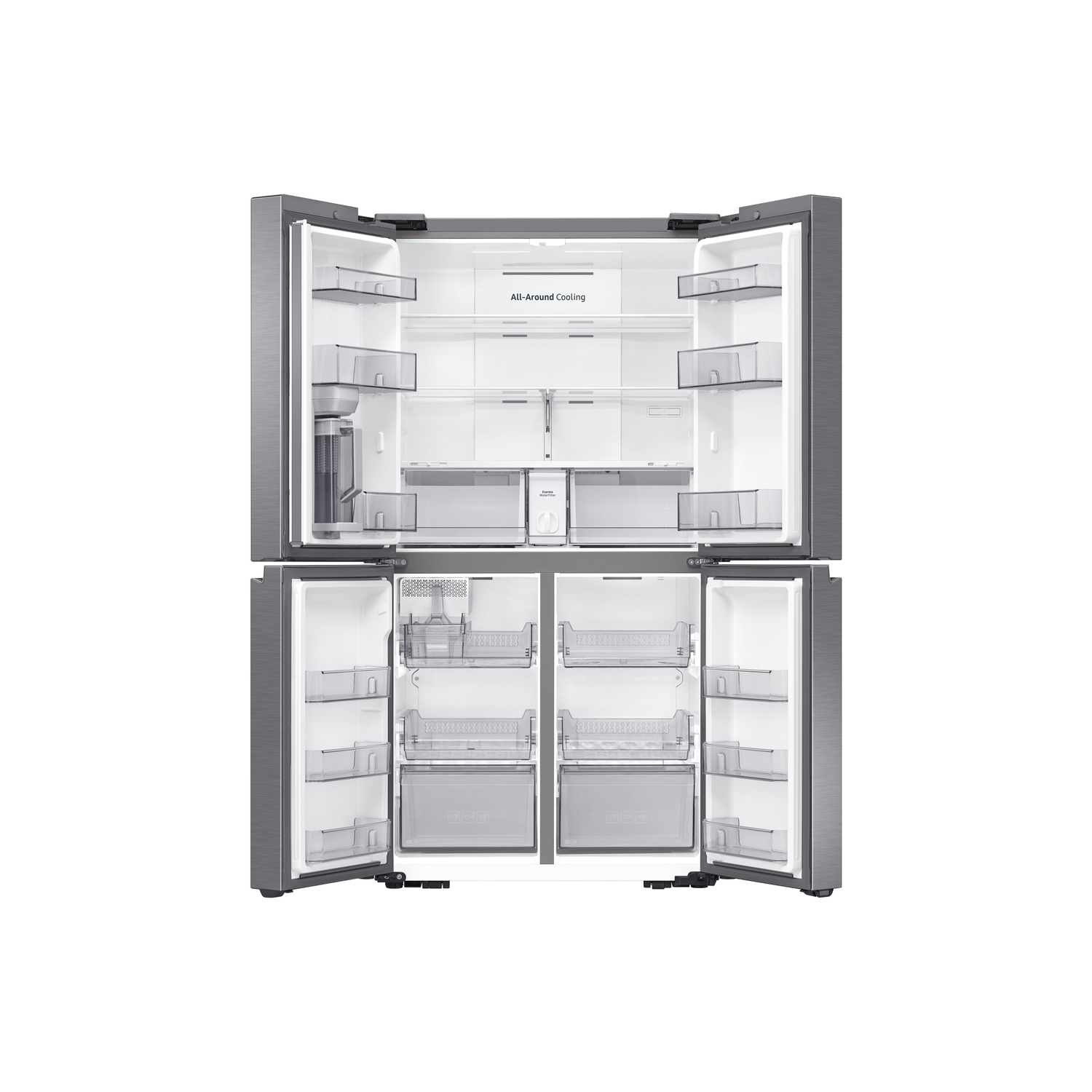 A stainless steel refrigerator with all doors open. The interior shows shelves, drawers, and compartments. The background is white.