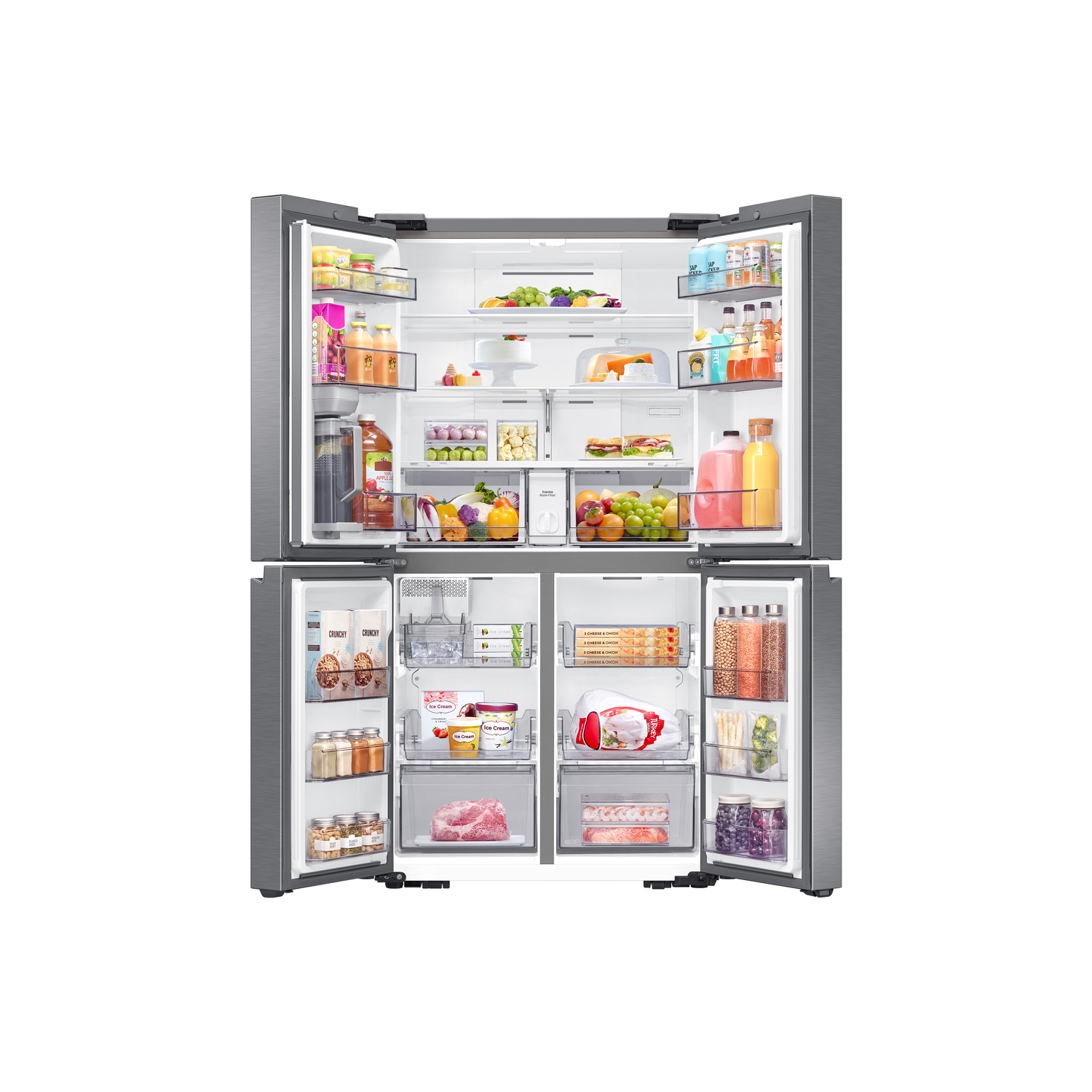 Open stainless steel refrigerator filled with fruits, vegetables, drinks, and frozen food. Ice cream, cheese, and other food items are visible.