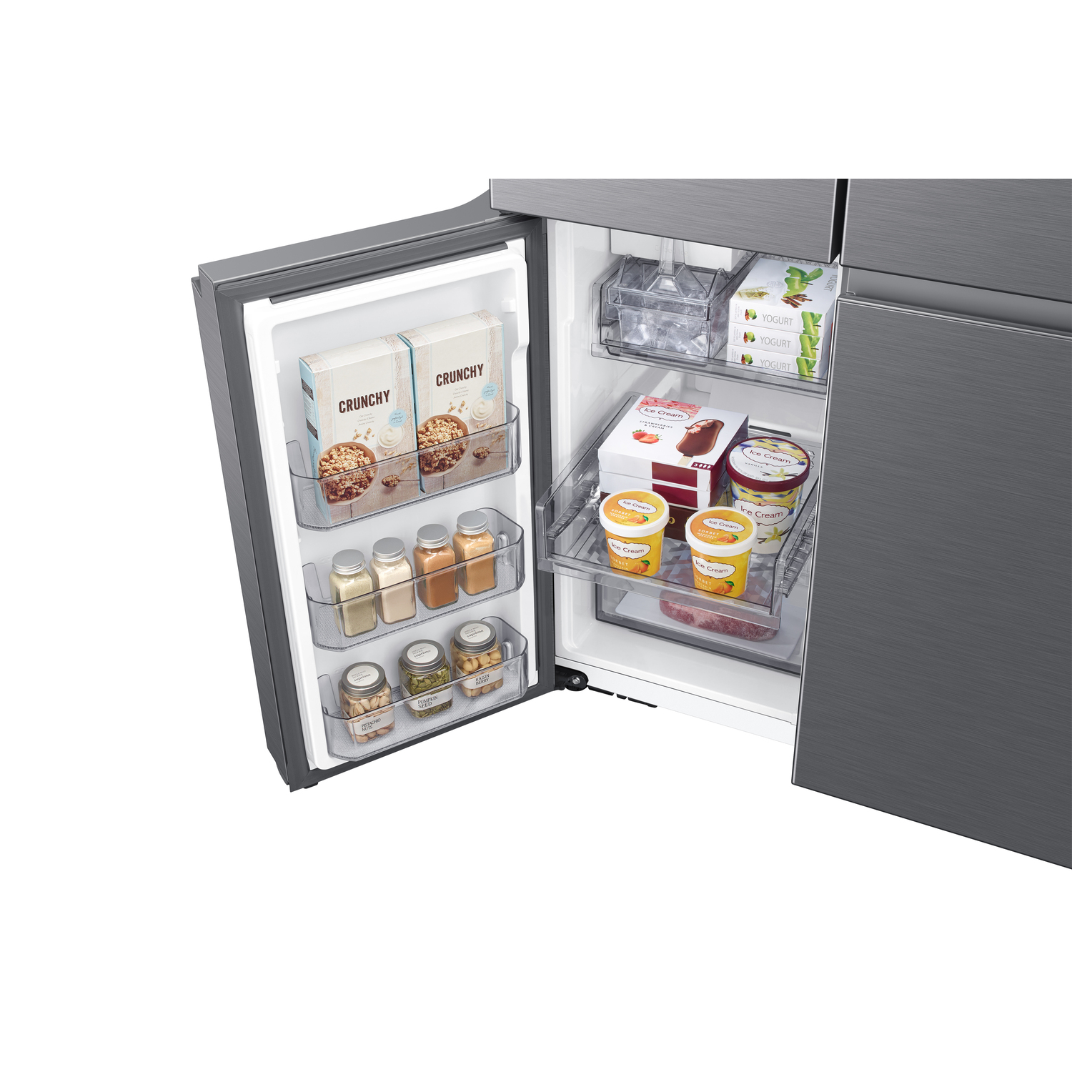 An open refrigerator filled with food items. Visible are ice cream, yogurt, jars of spices, and boxes of cereal. The door is ajar.