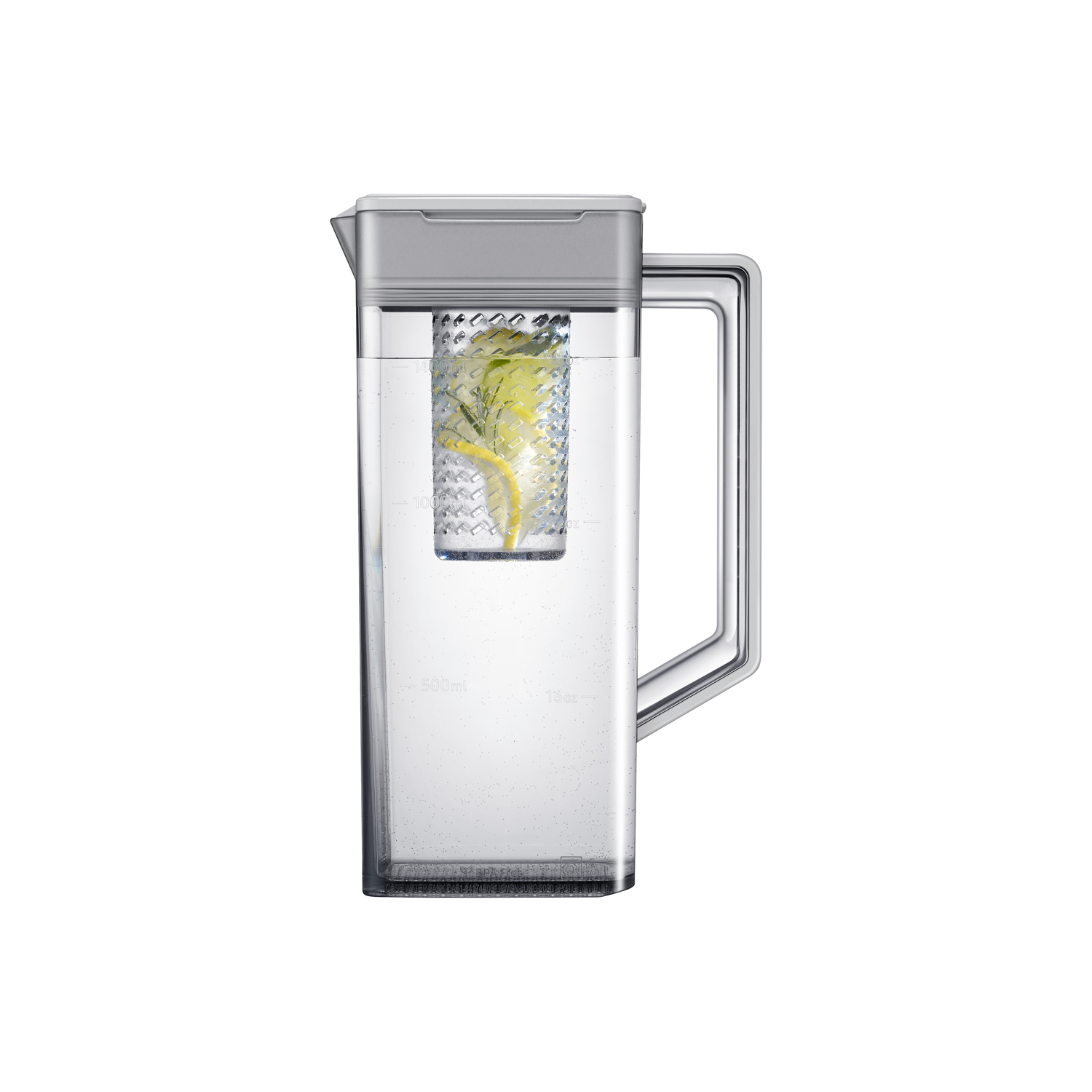 A clear water pitcher with a gray lid and handle. Inside, a strainer holds lemon slices. The pitcher is filled with water.