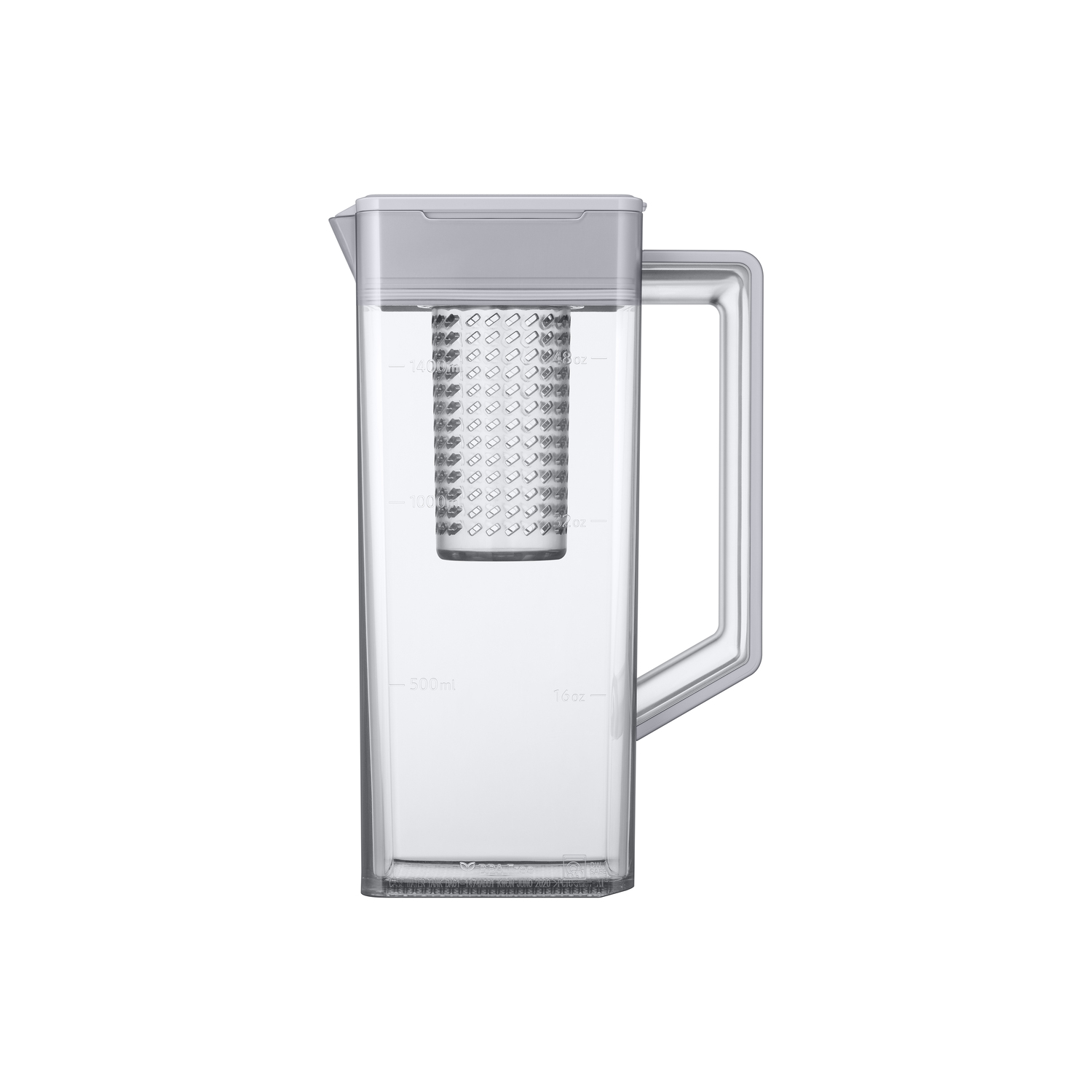 A clear plastic pitcher with a gray lid and handle, containing water. An infuser is inside. The background is white.