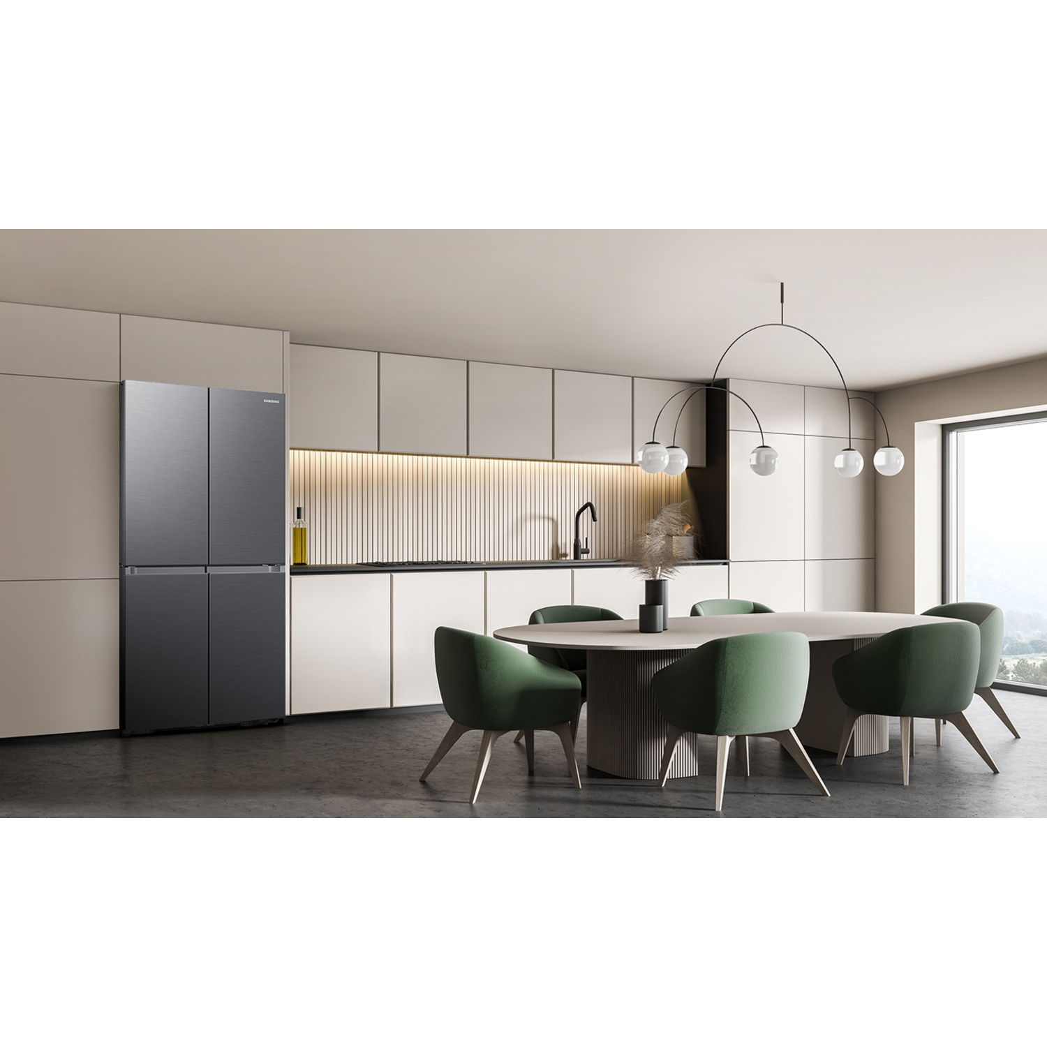 Modern kitchen with a black refrigerator, dining table with green chairs, and a large window with natural light.