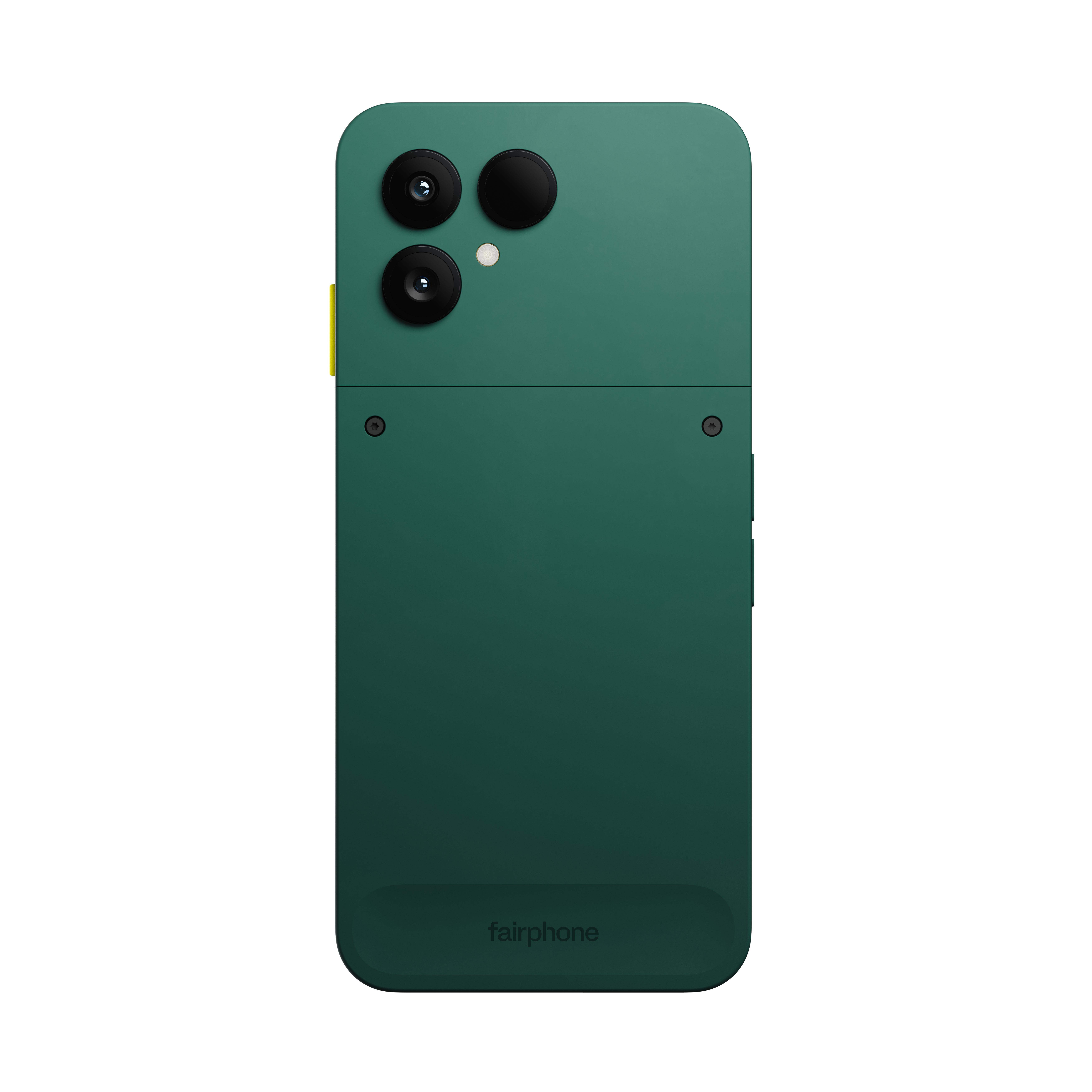 Grüne Fairphone-Rückseite. Drei Kameras oben. Gelber Akzent an der Seite. Schwarze Schrauben und Markenname unten.