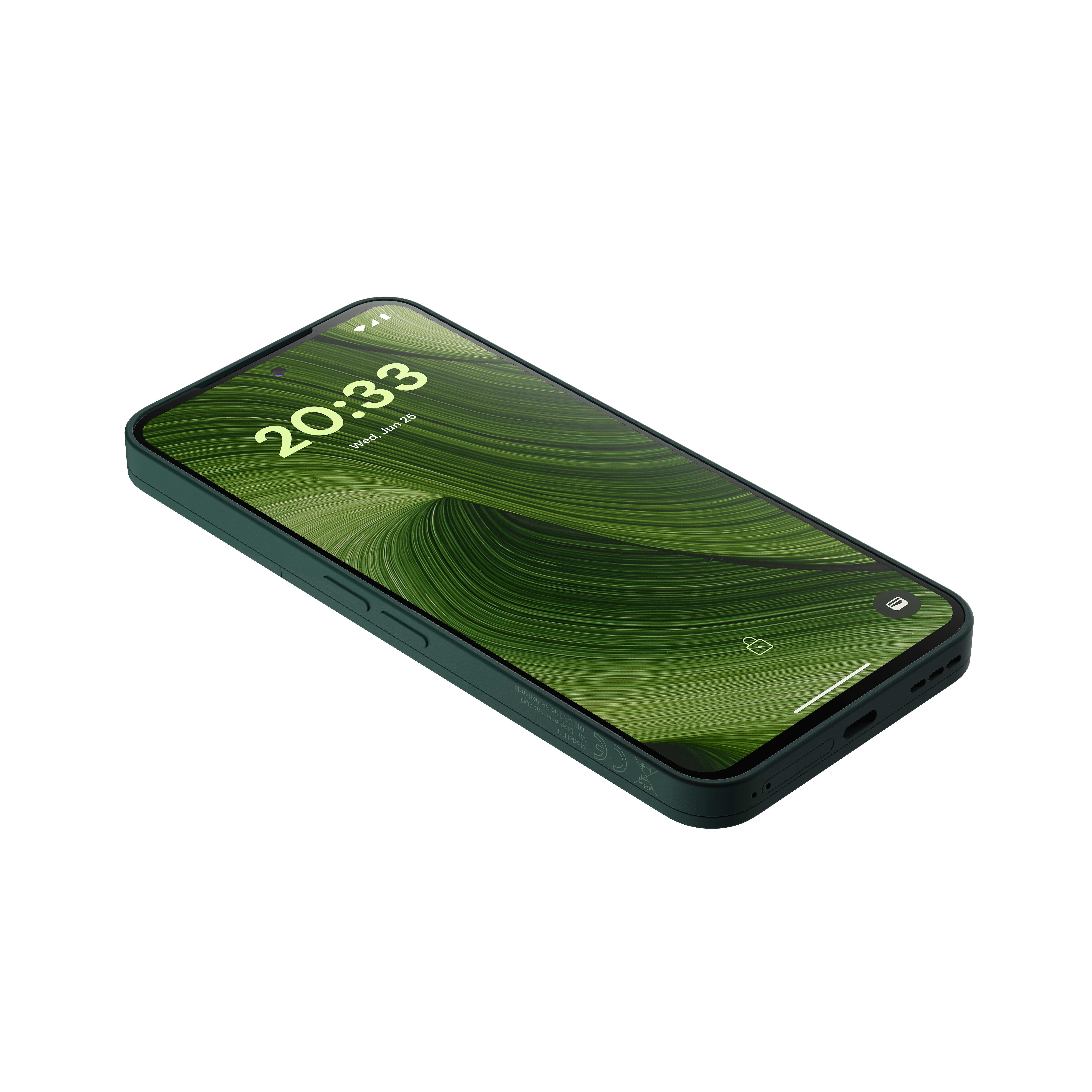 Ein grünes Smartphone zeigt 20:33 auf seinem Bildschirm an. Das Telefon ist abgewinkelt, mit weißem Hintergrund. Der Bildschirm hat grüne Linien.