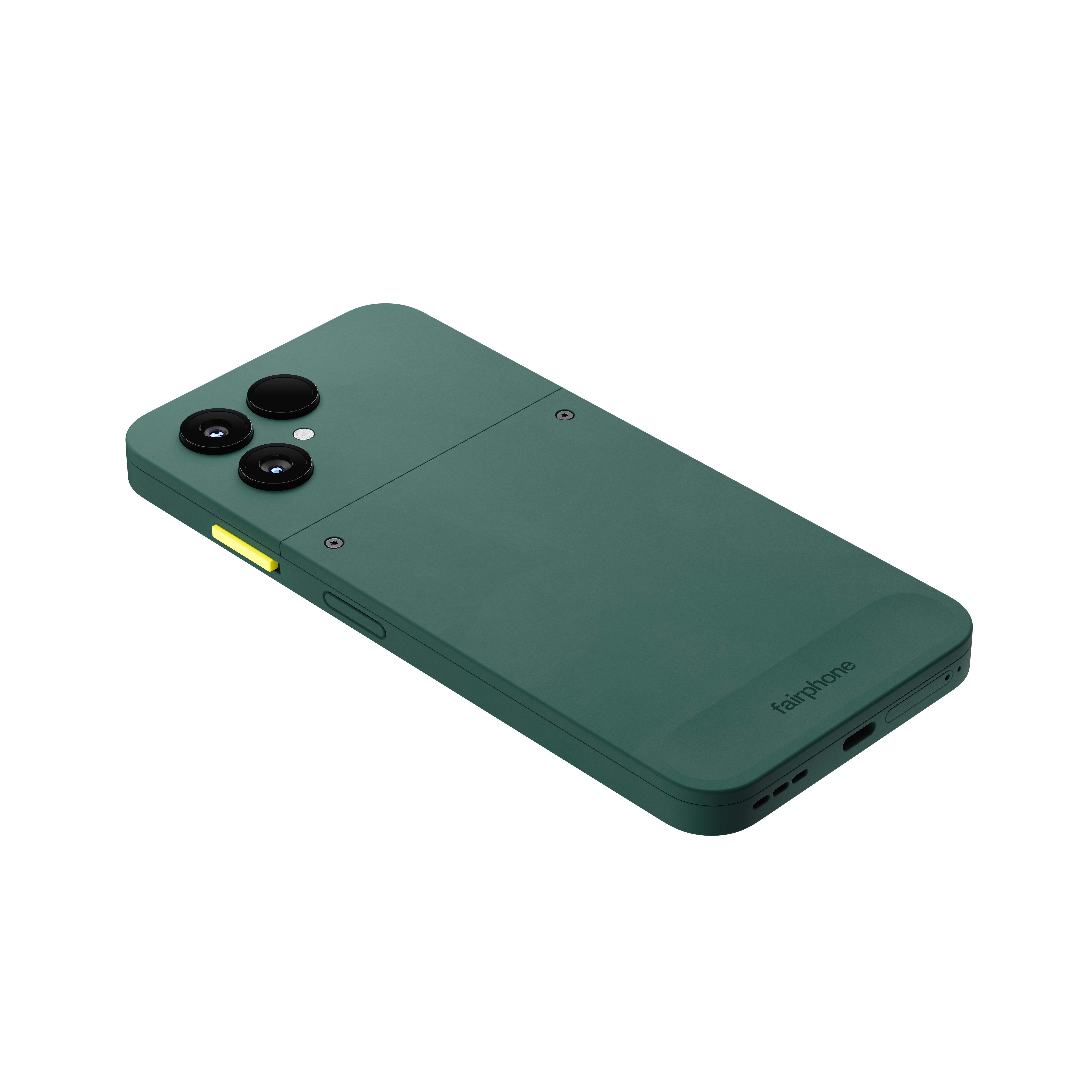 Grünes Fairphone auf weißem Grund. Es hat drei Kameralinsen. Der Markenname ist sichtbar.