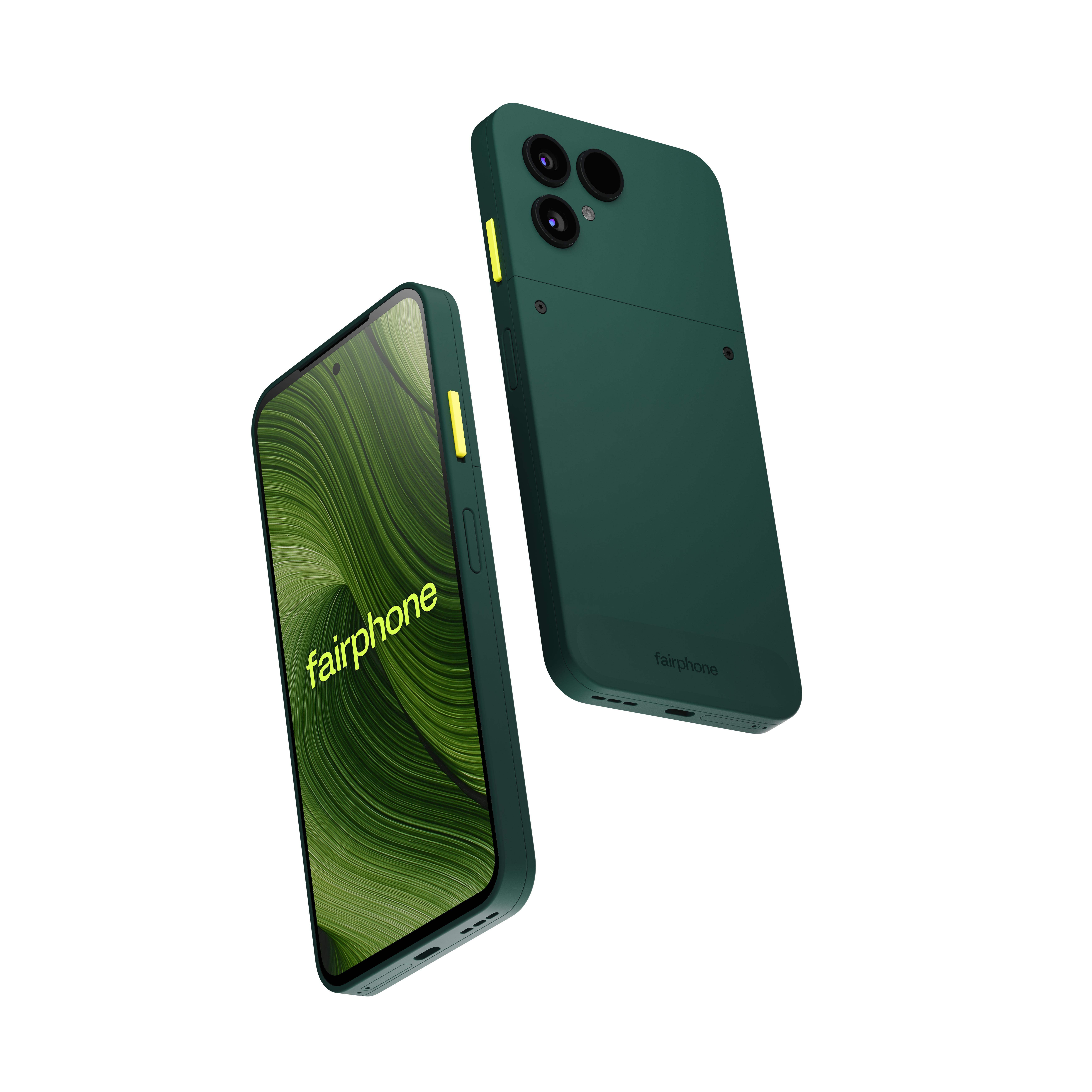 Zwei dunkelgrüne Fairphone-Smartphones schweben. Eines zeigt den Bildschirm, das andere die Seite. Grüner Wellenhintergrund.
