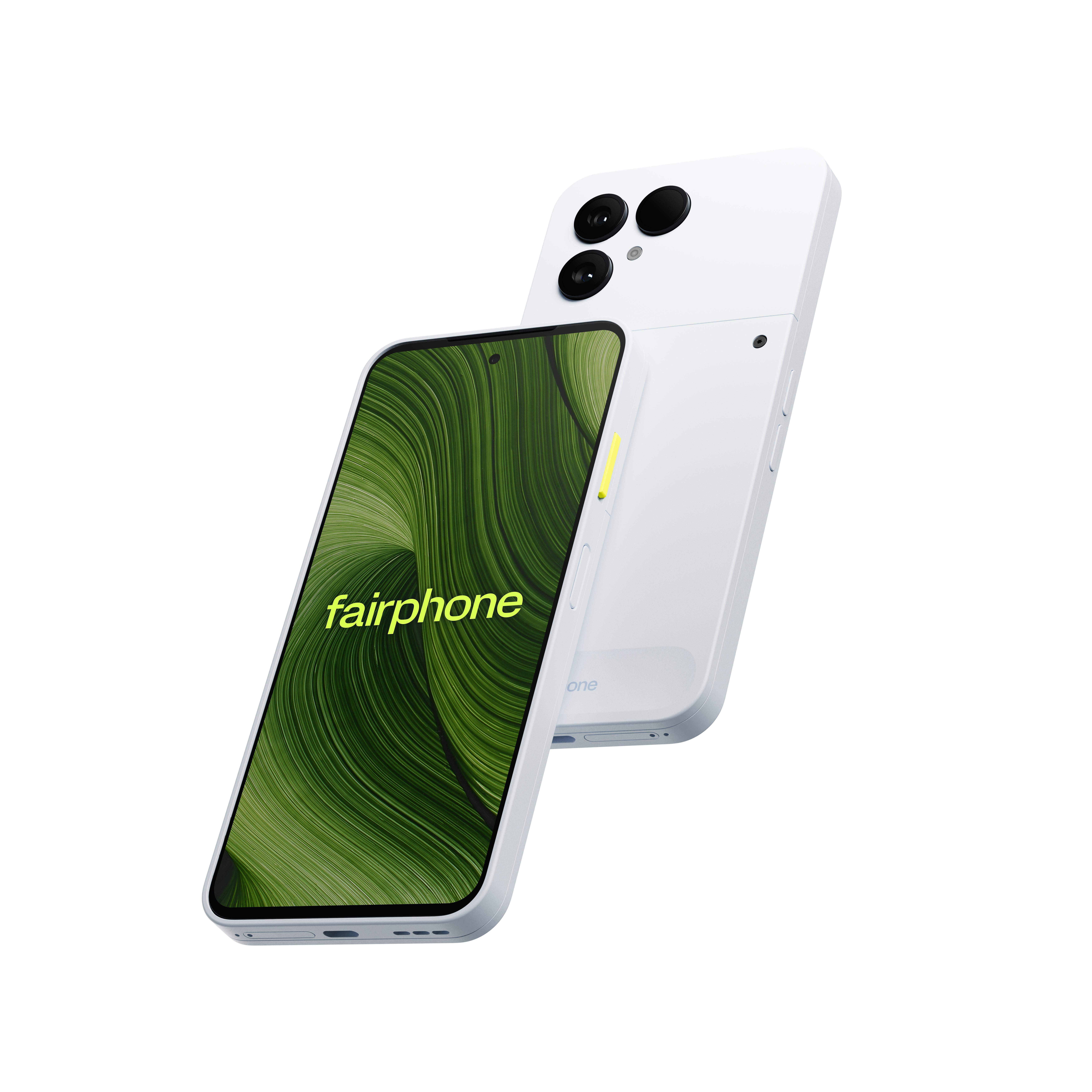 Weißes Fairphone-Telefon mit grünem Bildschirm, der Text zeigt. Ein anderes Telefon ist dahinter. Isoliert auf weißem Hintergrund.