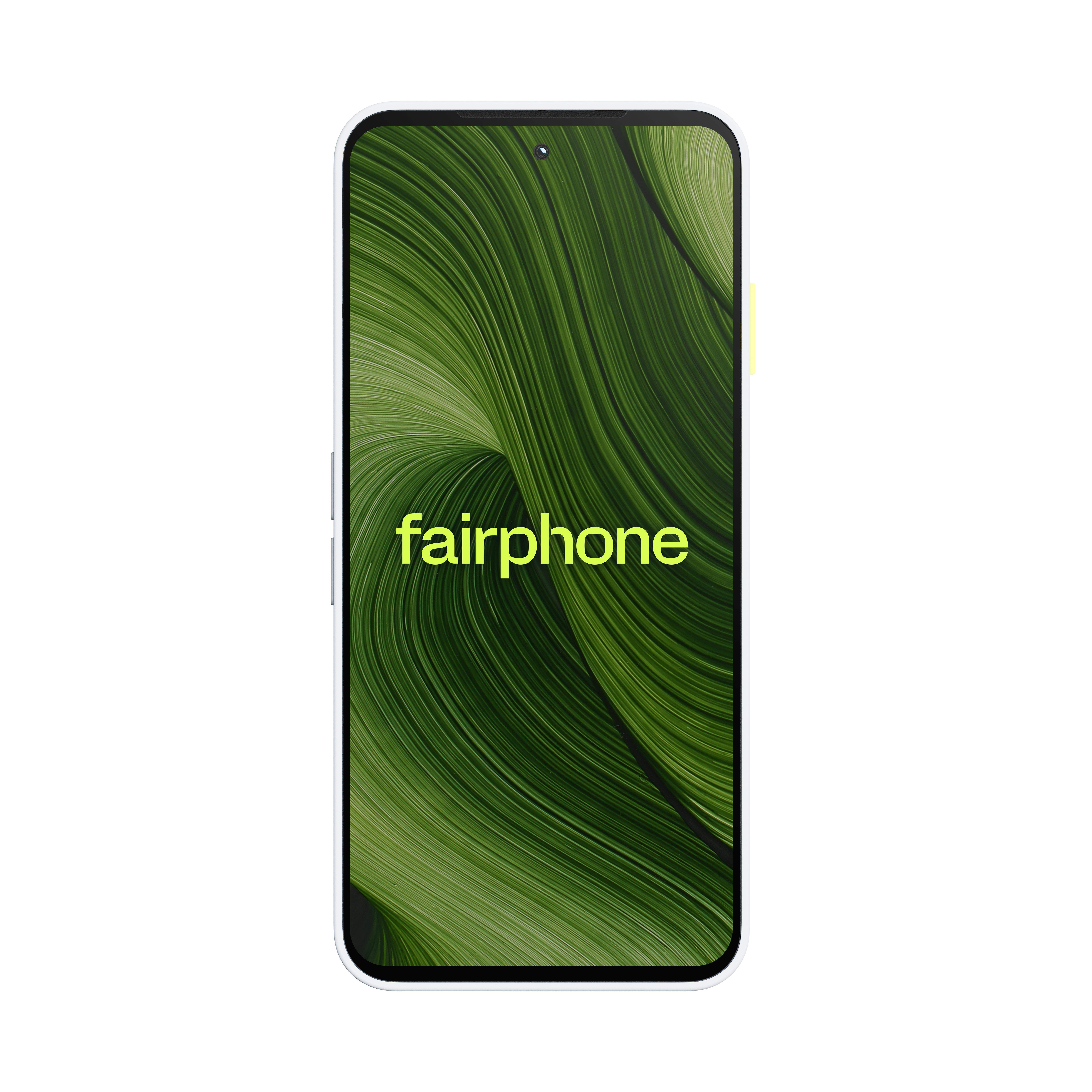 Ein Smartphone mit grünem, fließendem Hintergrund. Auf dem Bildschirm steht das Wort "fairphone" in Gelb. Das Telefon ist weiß.