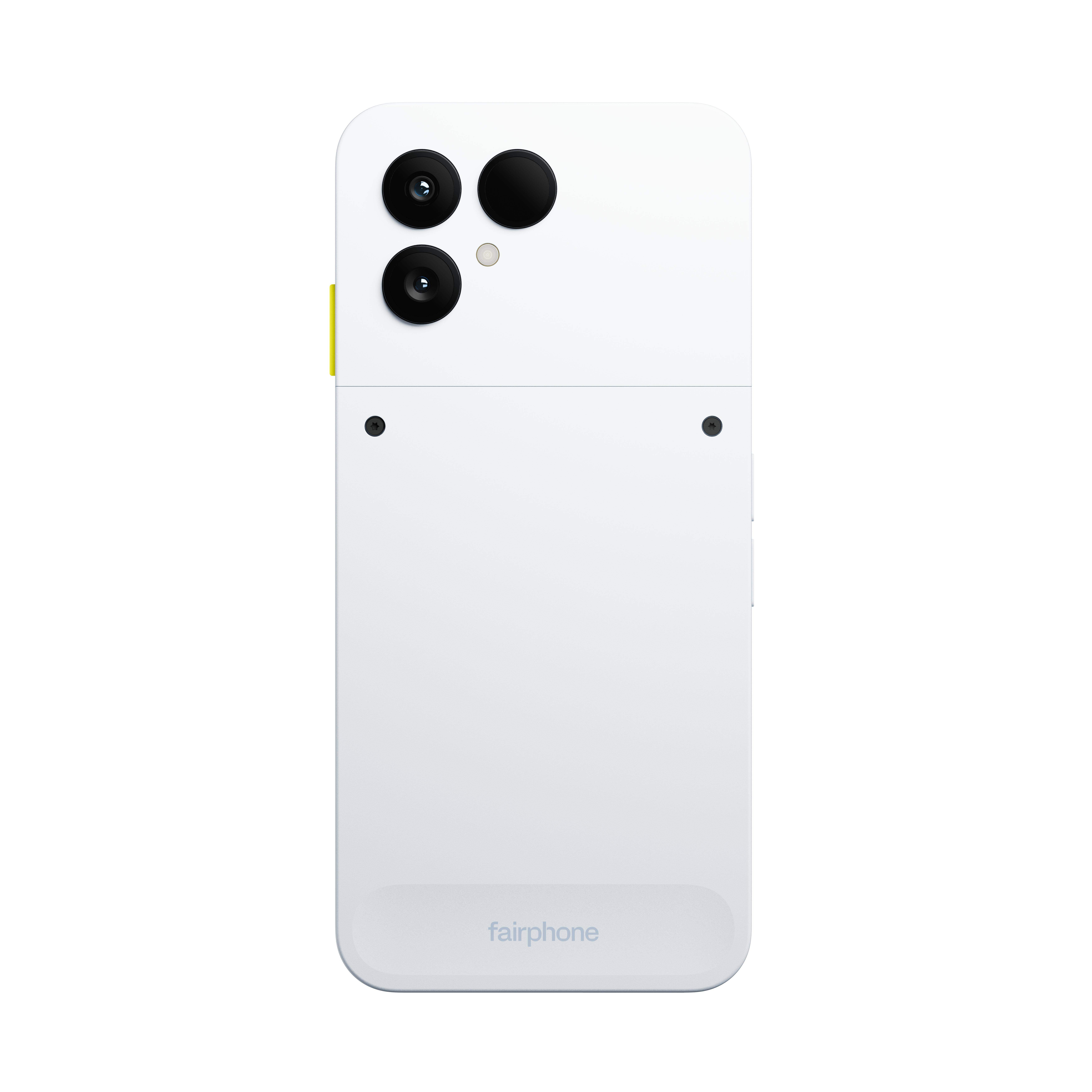 Ein weißes Fairphone mit drei Kameralinsen und einem gelben Akzent. Die Rückseite ist geteilt. Der Markenname steht unten.