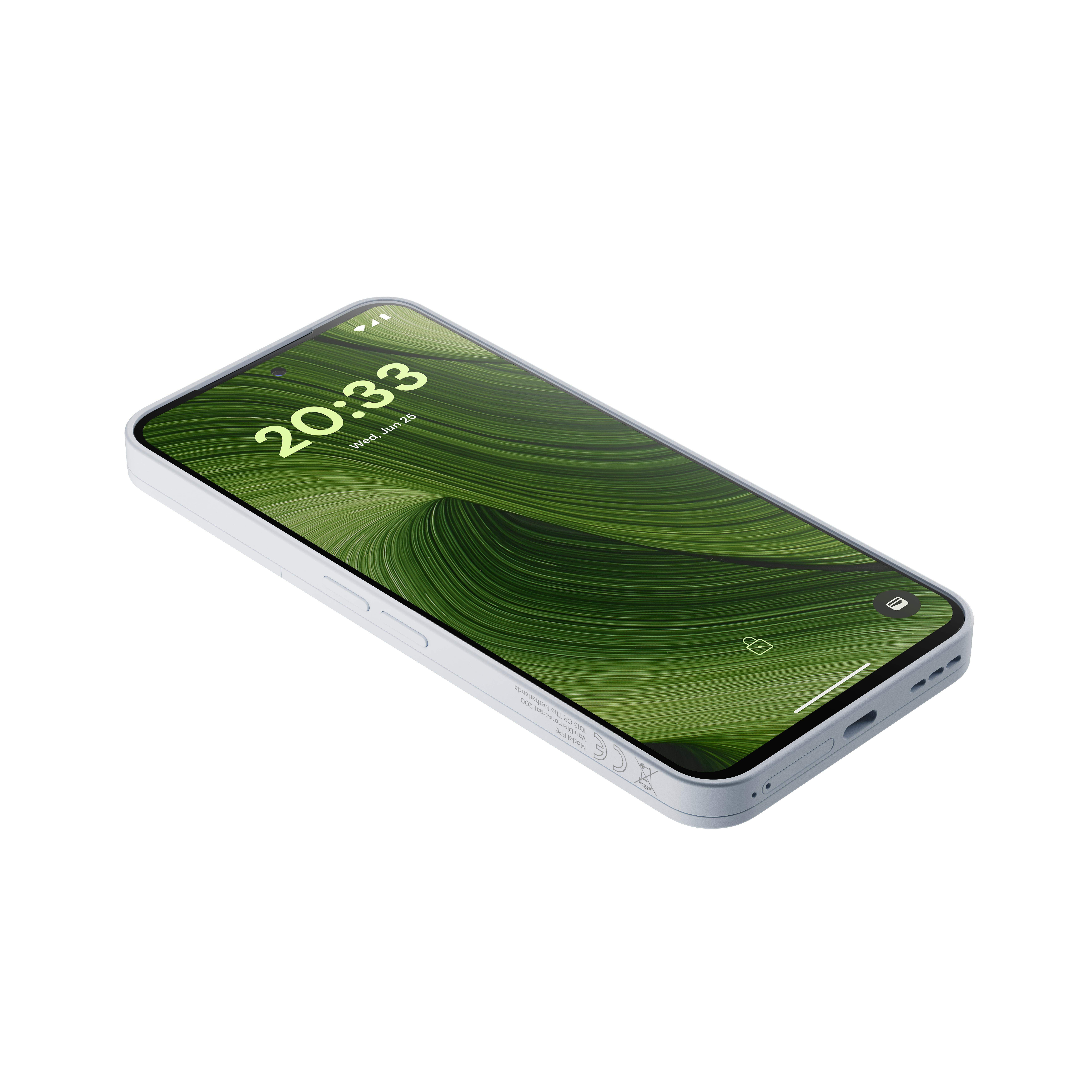 Ein hellblaues Smartphone, das 20:33 auf einem grün gemusterten Bildschirm anzeigt. Weißer Hintergrund. Telefon ist leicht angewinkelt.