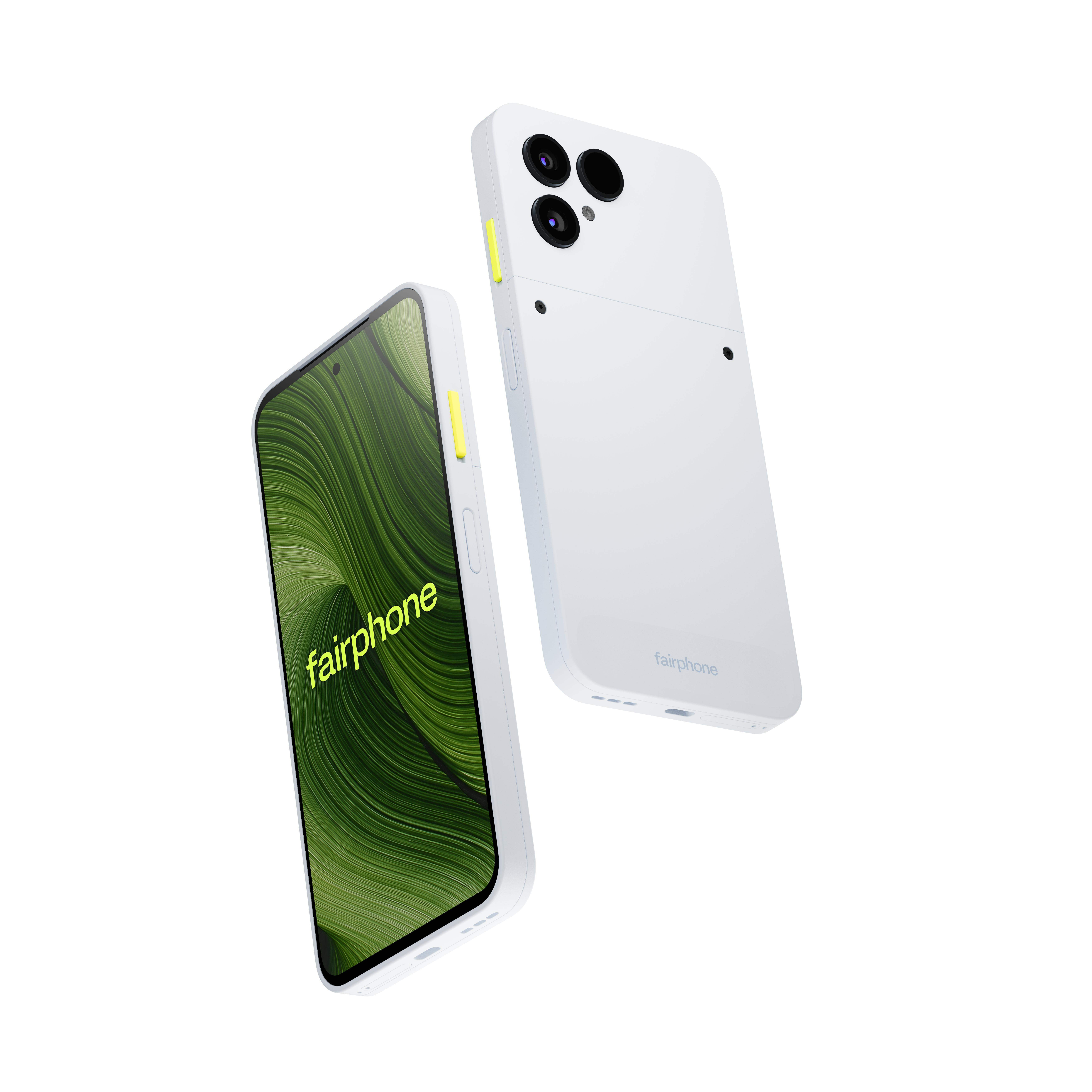Zwei weiße Fairphone-Telefone. Eines zeigt den Bildschirm mit grünen Linien. Das andere zeigt die Rückseite mit Kameras.