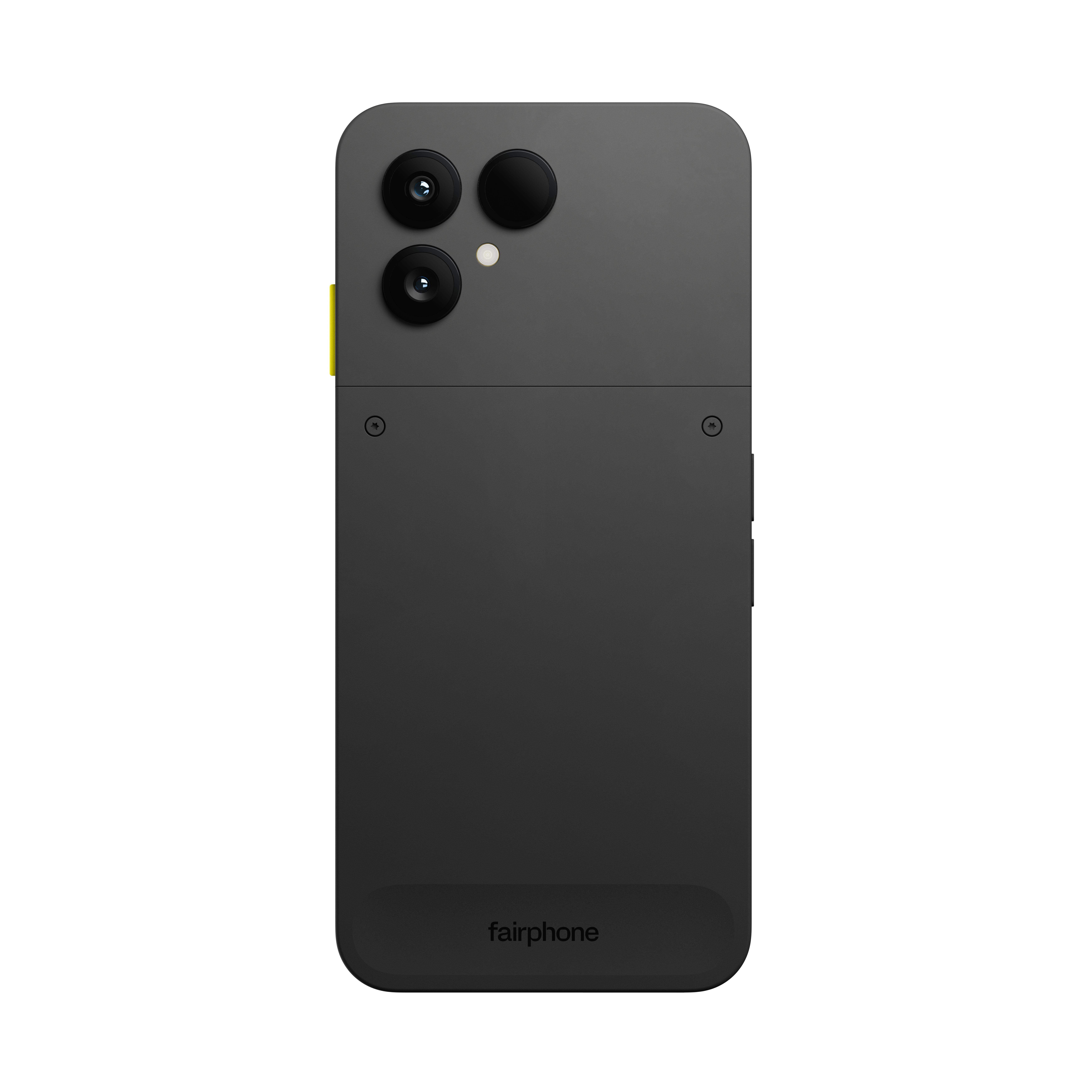 Dunkelgraue Smartphone-Rückseite. Drei Kameralinsen oben, gelber Akzent an der Seite und das Fairphone-Logo unten.