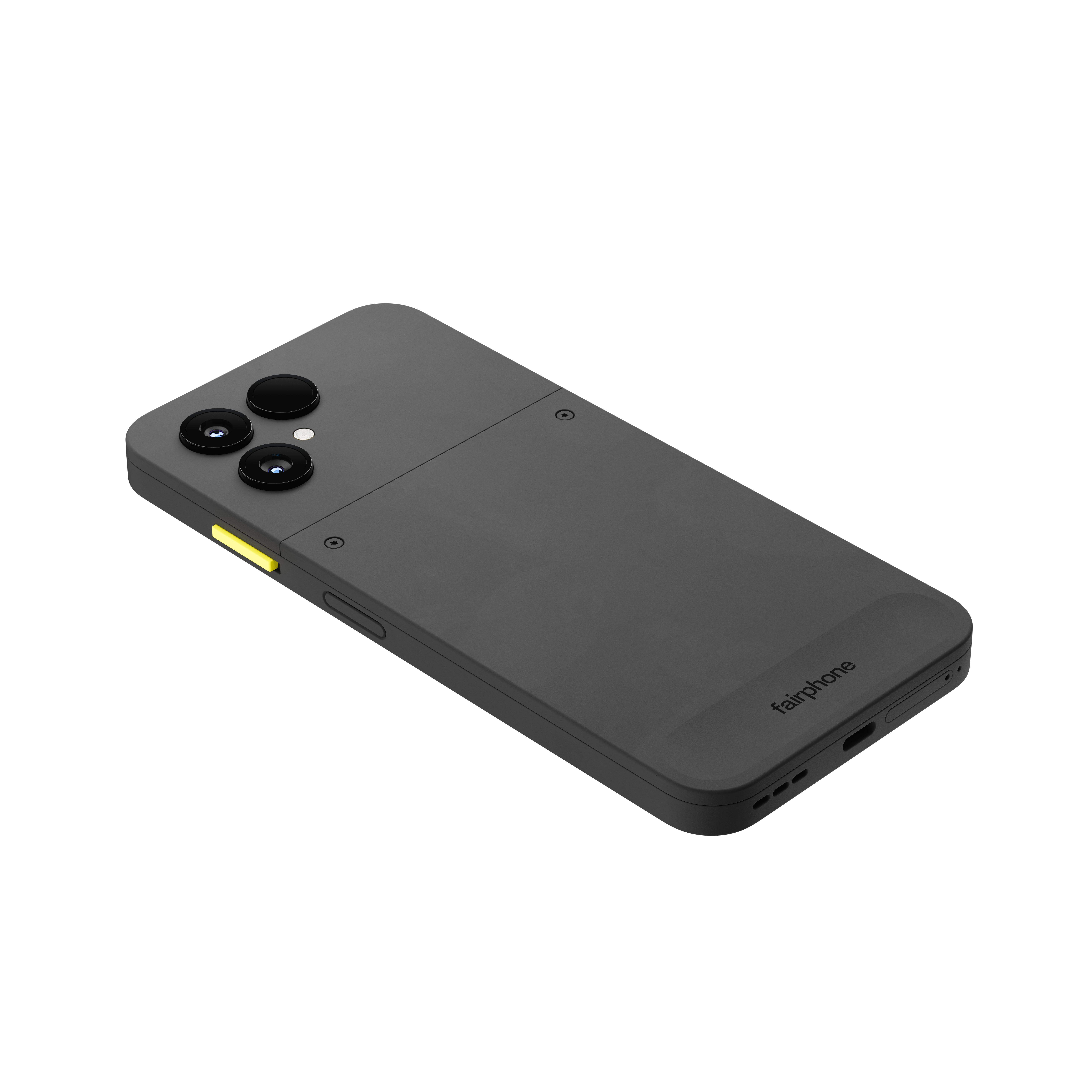 Ein dunkelgraues Fairphone-Smartphone ist auf Weiß isoliert. Es hat drei Kameralinsen und eine gelbe Ein/Aus-Taste.