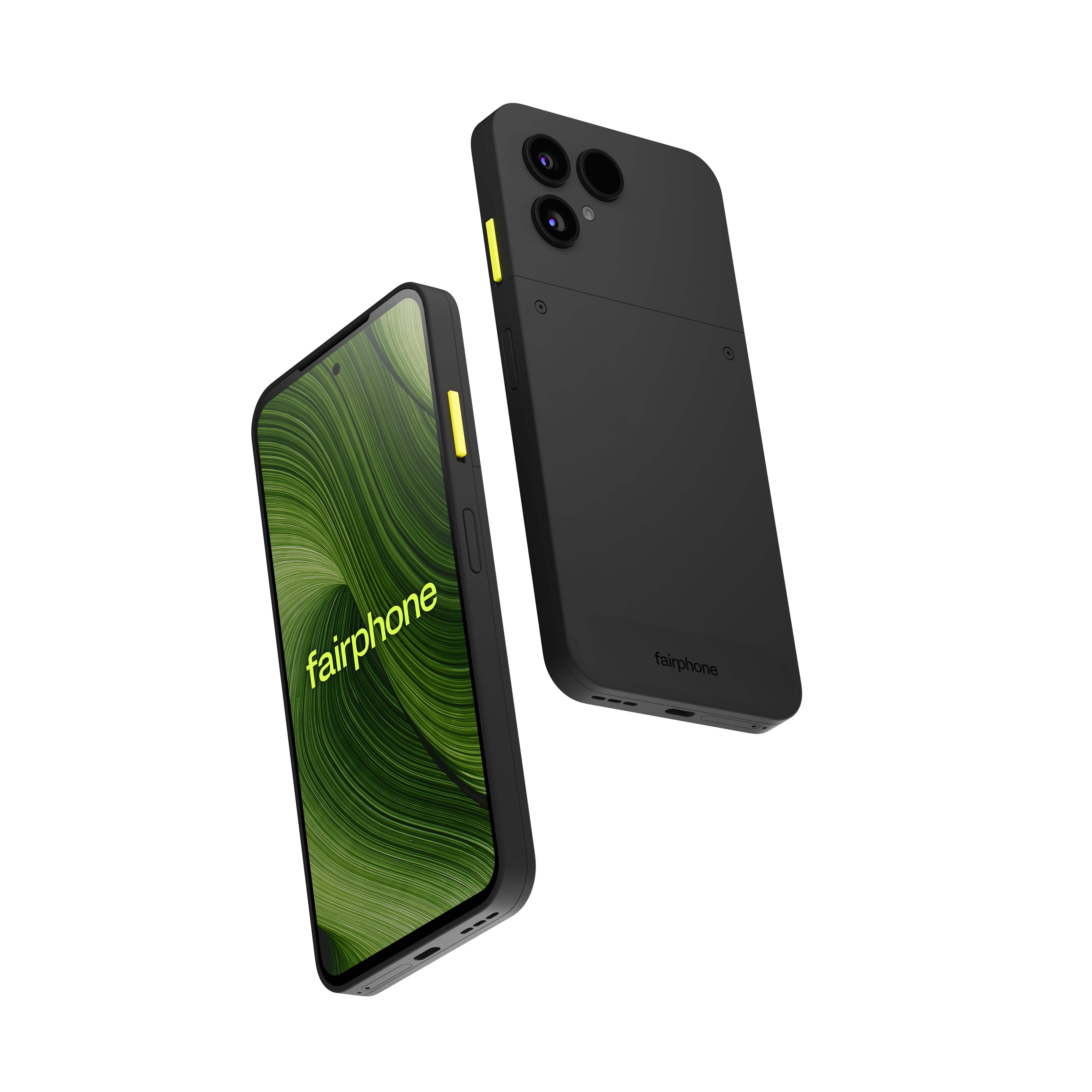 Zwei Fairphone-Smartphones in schwarzen Hüllen, eines mit grünem Muster, das andere mit Kameras auf der Rückseite.