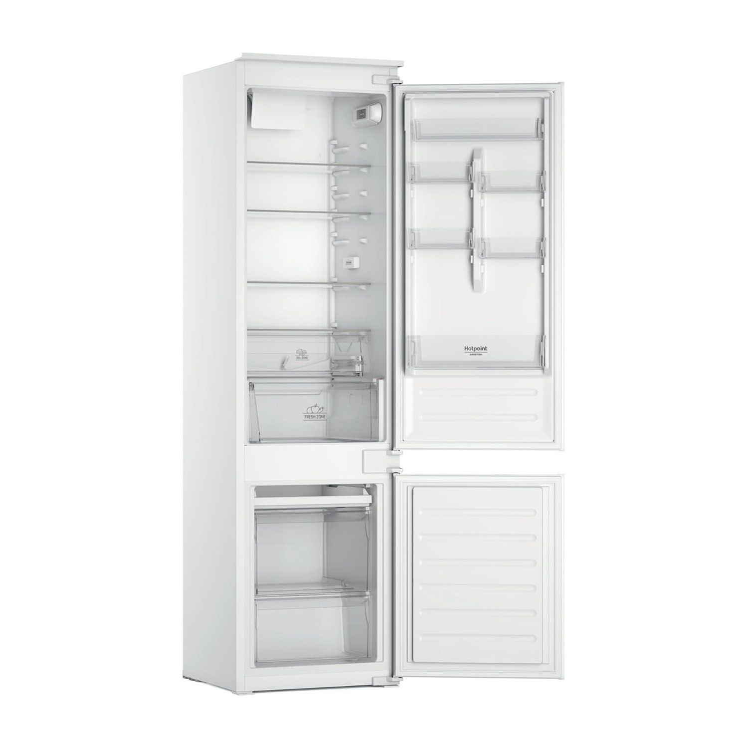 Un frigorifero bianco con le porte aperte. L'interno ha ripiani e cassetti. Anche la porta del congelatore è aperta.