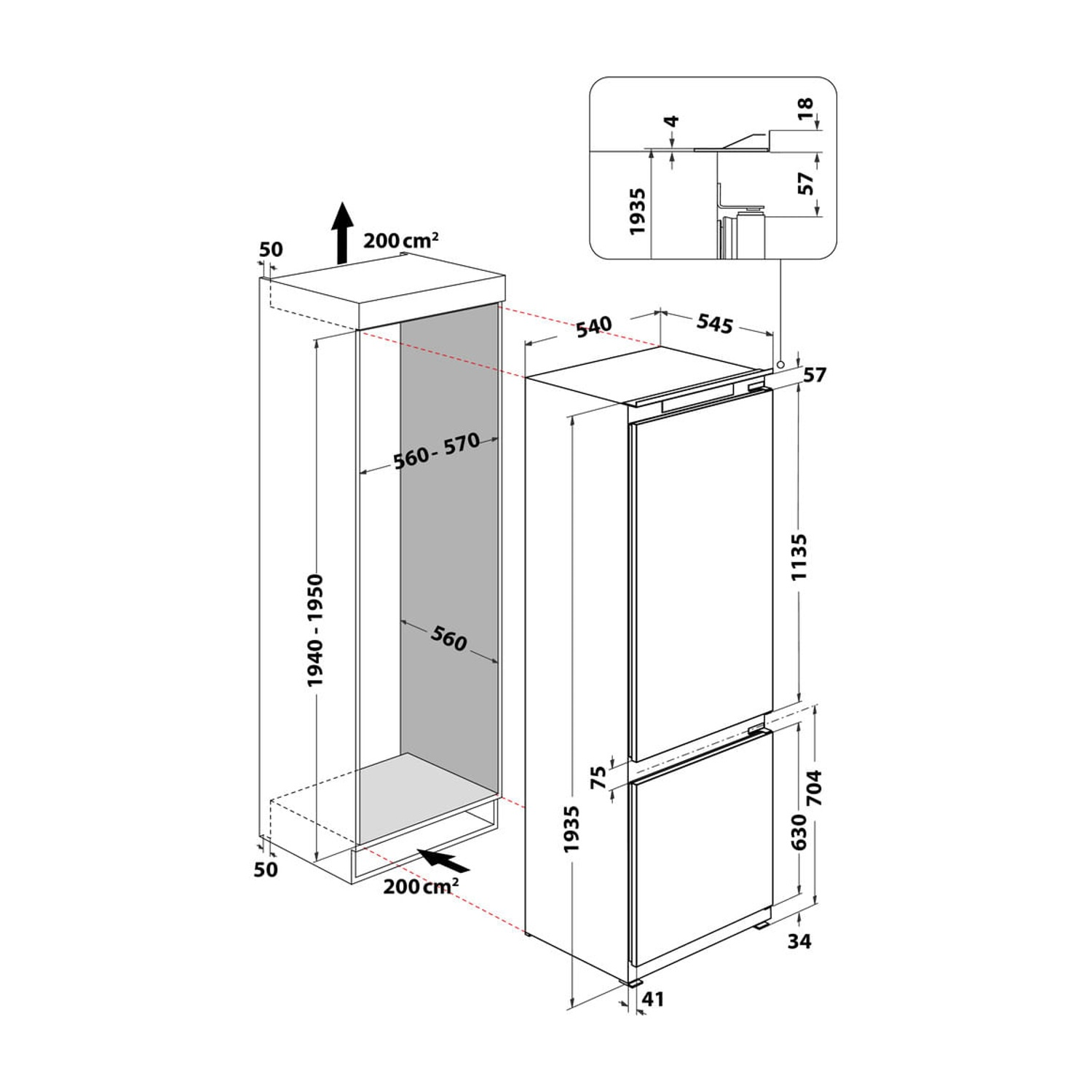 Diagramma di un frigorifero e di un armadio con dimensioni in cm. Il frigorifero ha due porte. Le misure sono indicate con frecce.