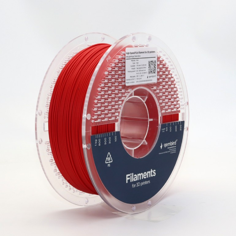 Egy piros 3D-nyomtató filament tekercs. A tekercs átlátszó műanyagból készült, sötétkék címkével, amelyen a Filaments for 3D printers felirat látható.