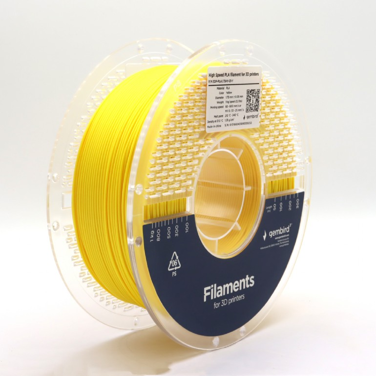 Egy sárga PLA-filament tekercs. A tekercs áttetsző, jelölésekkel. A címkén a 'Filaments for 3D printers' és a 'gembird' felirat látható.