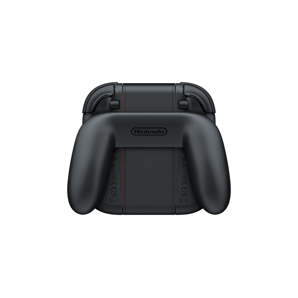 Siyah Nintendo Switch kontrolcü tutacağı. Nintendo logosu var. Kontrolcünün mavi ve kırmızı detayları var. Siyah arka plan üzerinde.