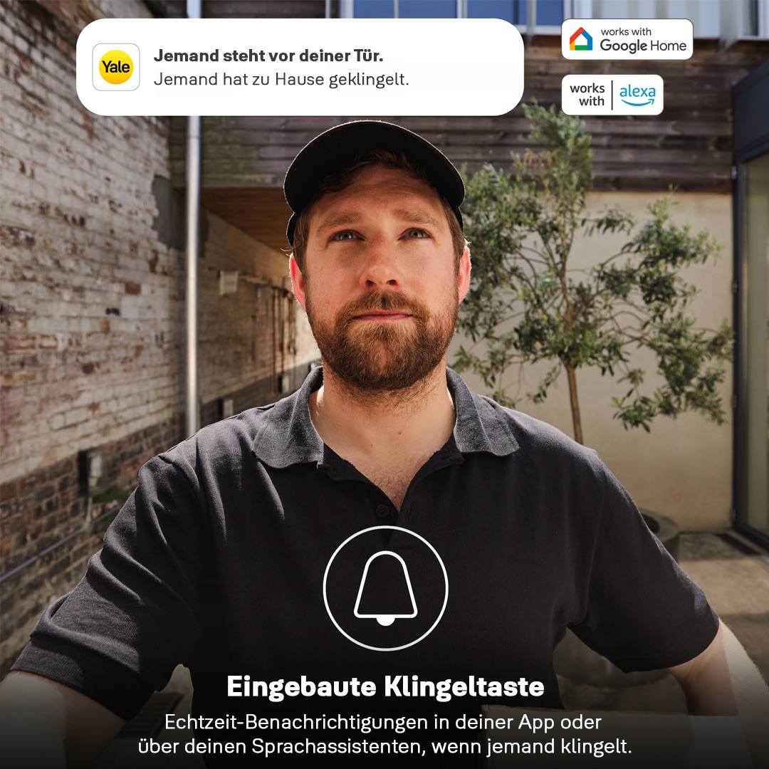 Mann in schwarzem Hemd und Mütze blickt nach oben. Text: „Jemand steht vor deiner Tür“ mit Yale-Logo und Glockensymbol.