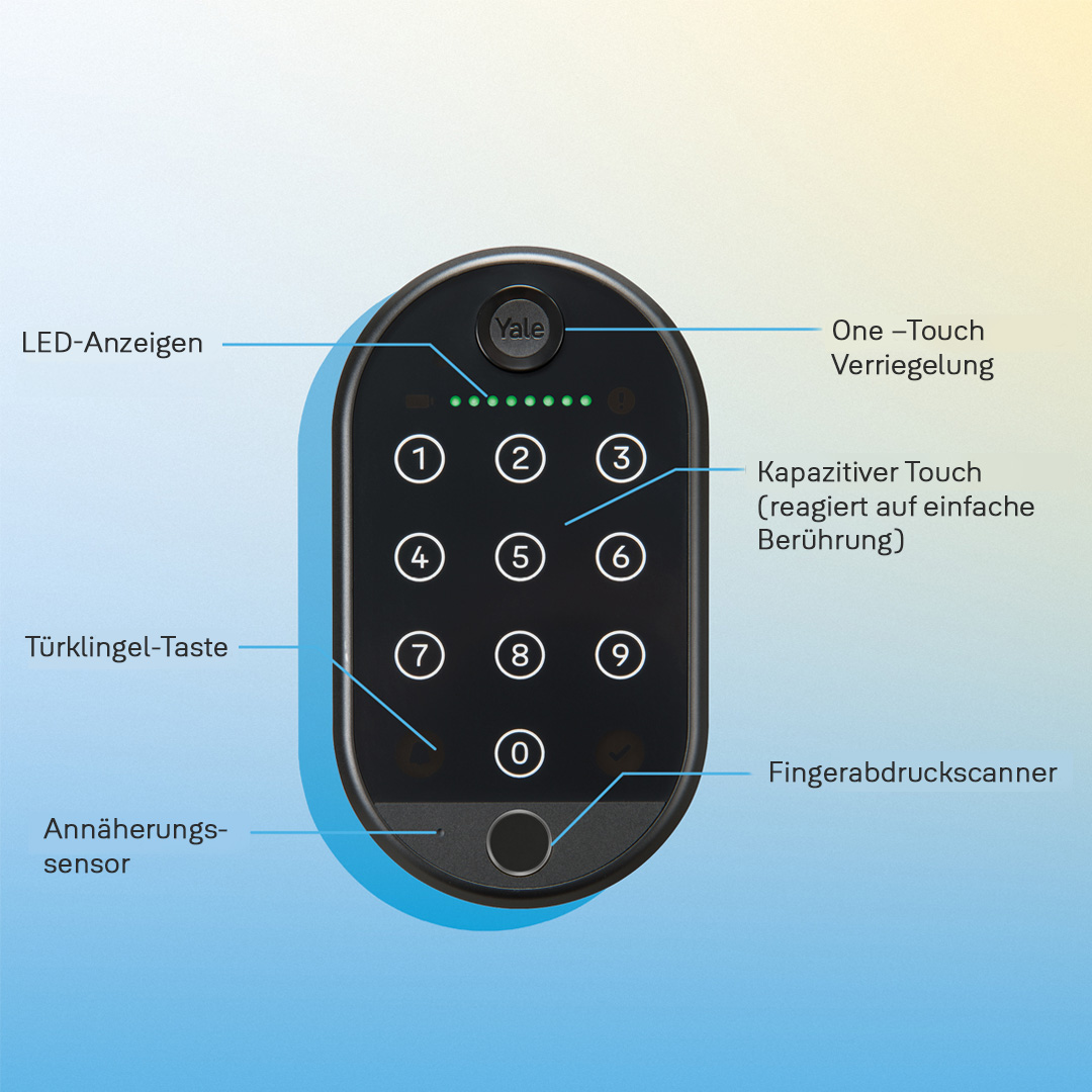 Ein schwarzes Yale Smart Lock mit nummerierten Tasten, LED-Anzeige, Fingerabdruckscanner und Näherungssensor.